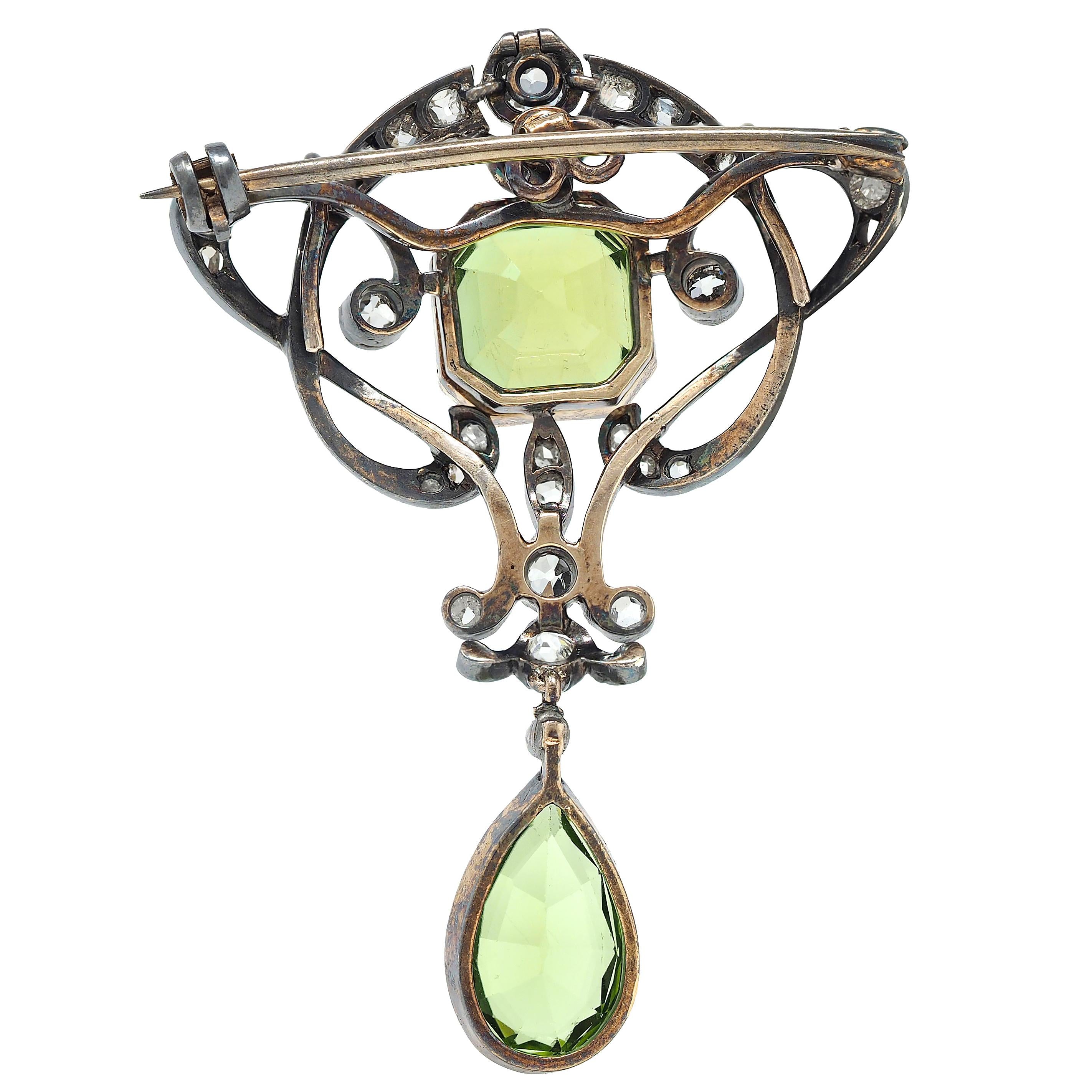 Art Nouveau Peridot Diamond 14K Gold Silver Antique Whiplash Pendant Brooch