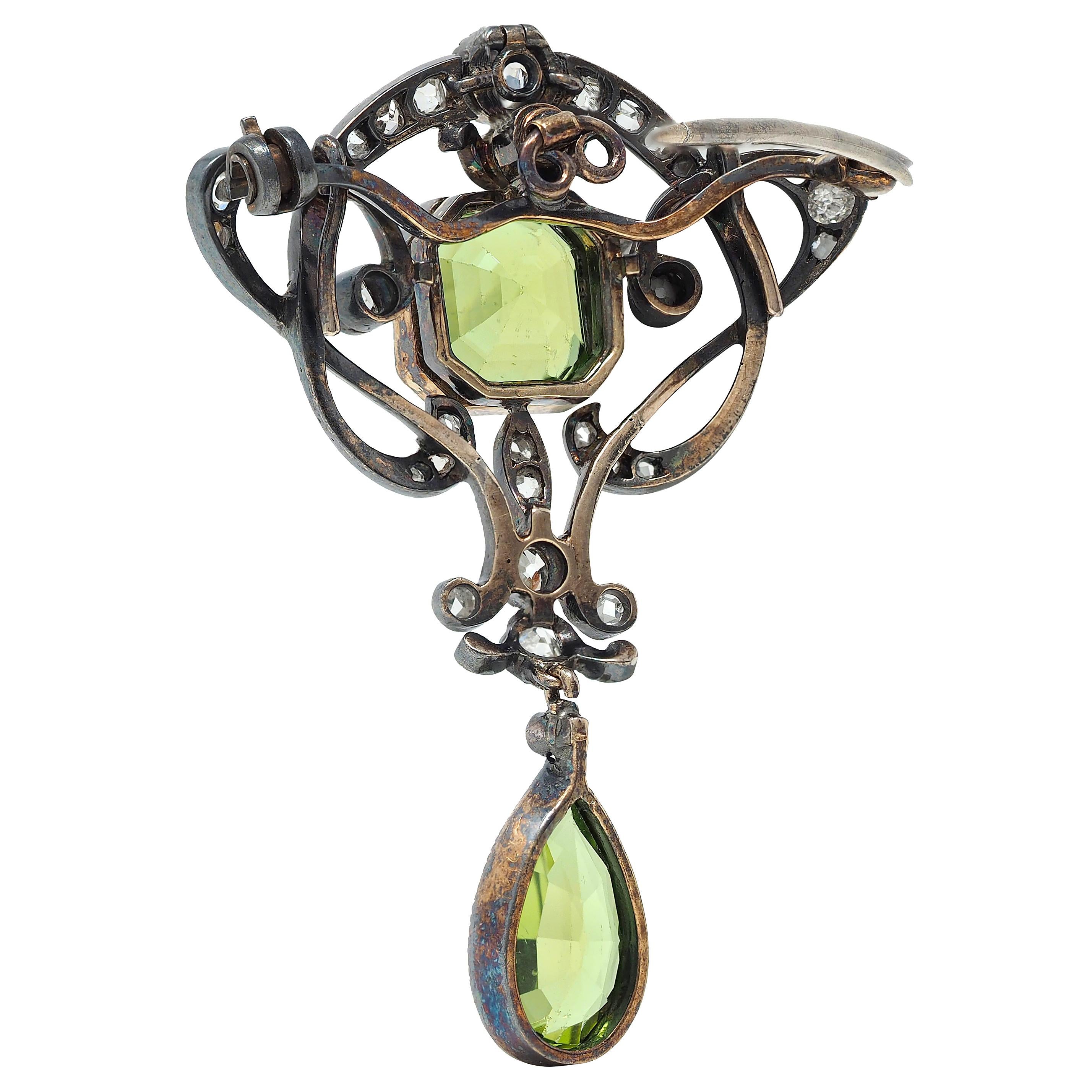 Art Nouveau Peridot Diamond 14K Gold Silver Antique Whiplash Pendant Brooch