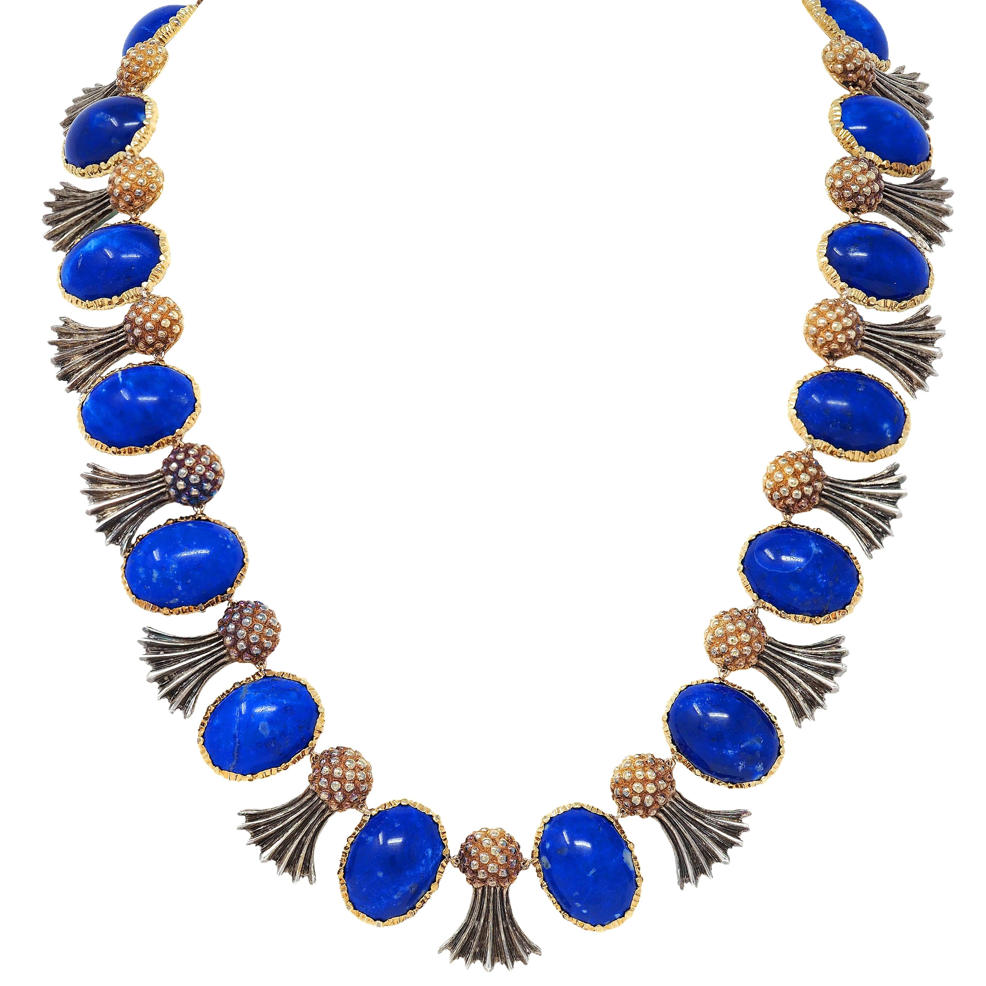 Buccellati 1960's Lapis Lazuli 18K Gold Silver Vintage Pineapple Fringe Necklace