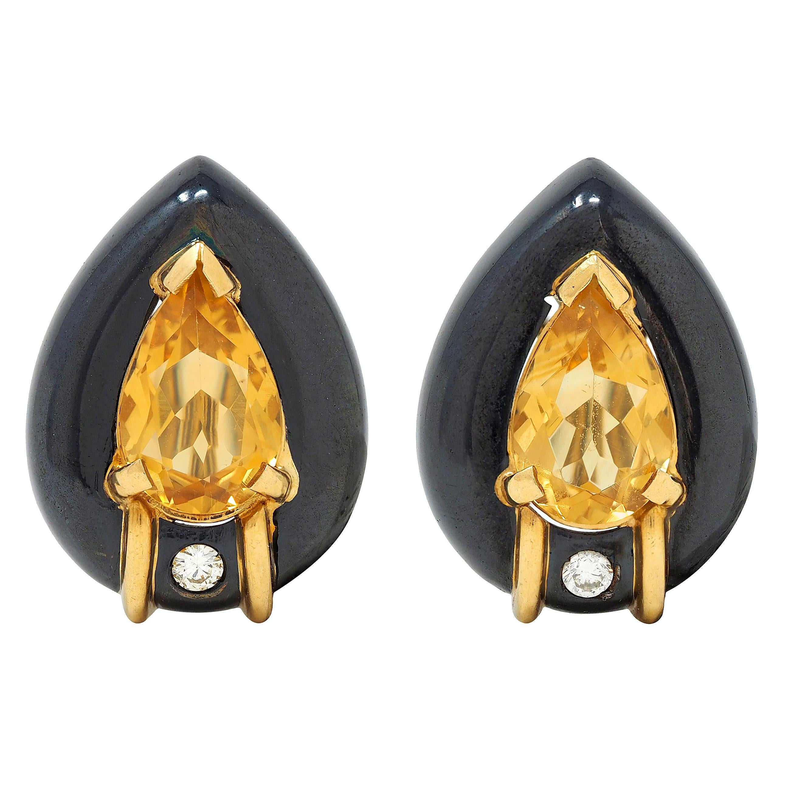 Sabbadini 5.80 CTW Citrine Diamond 18K Gold Black Rhodium Pear Ear-Clip Earrings