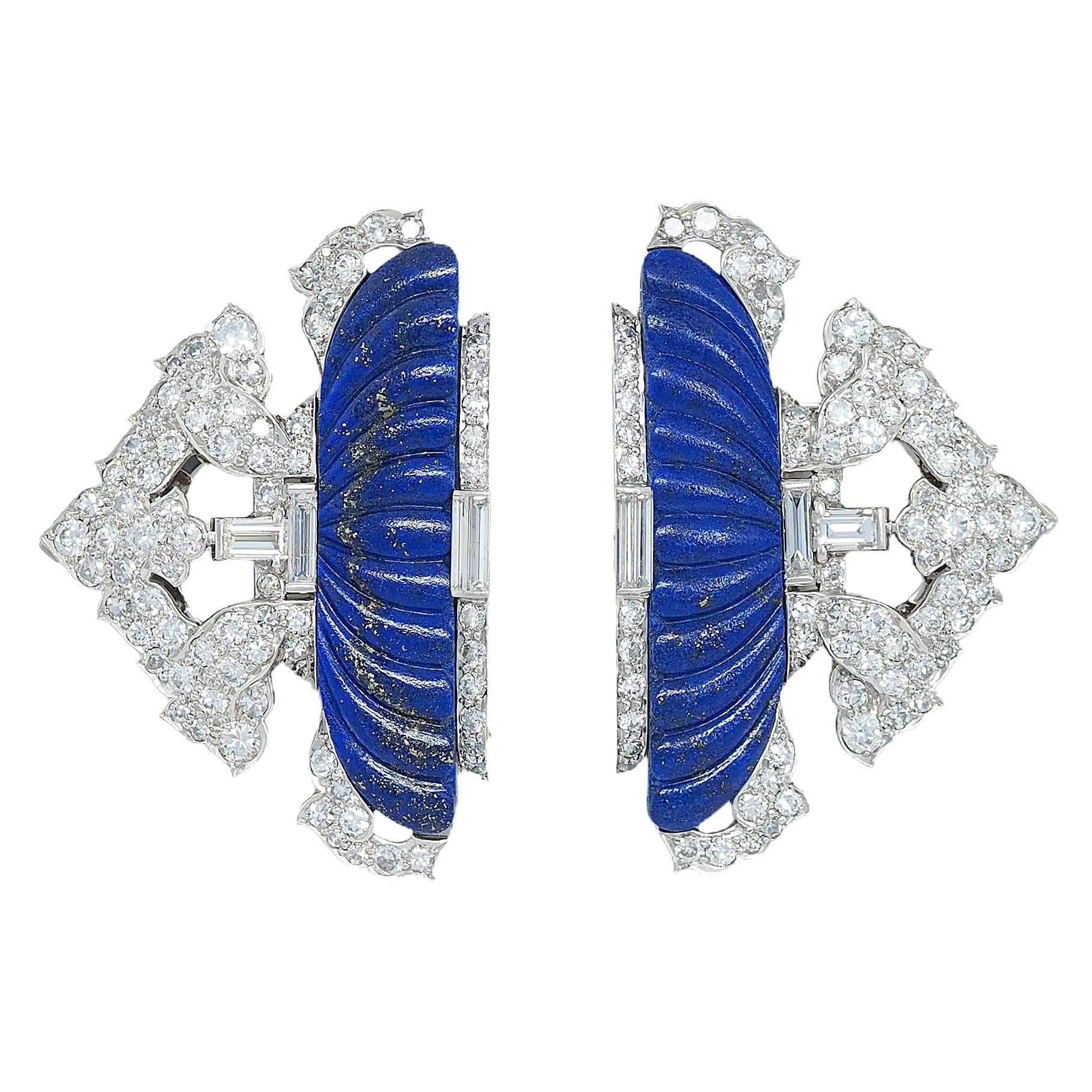 Art Deco Diamond Lapis Lazuli Platinum 18K Gold Vintage Foliate Brooch Clips