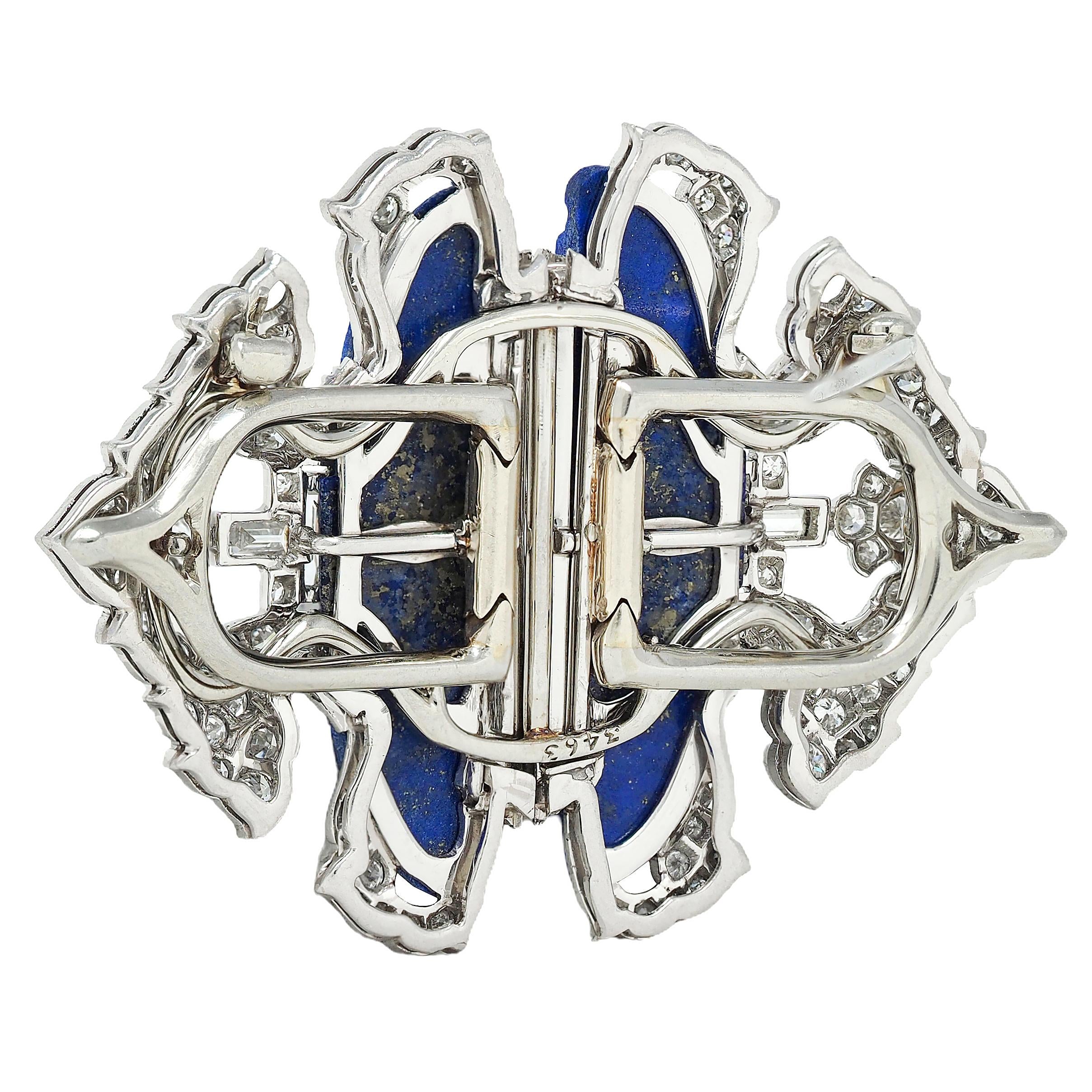 Art Deco Diamond Lapis Lazuli Platinum 18K Gold Vintage Foliate Brooch Clips
