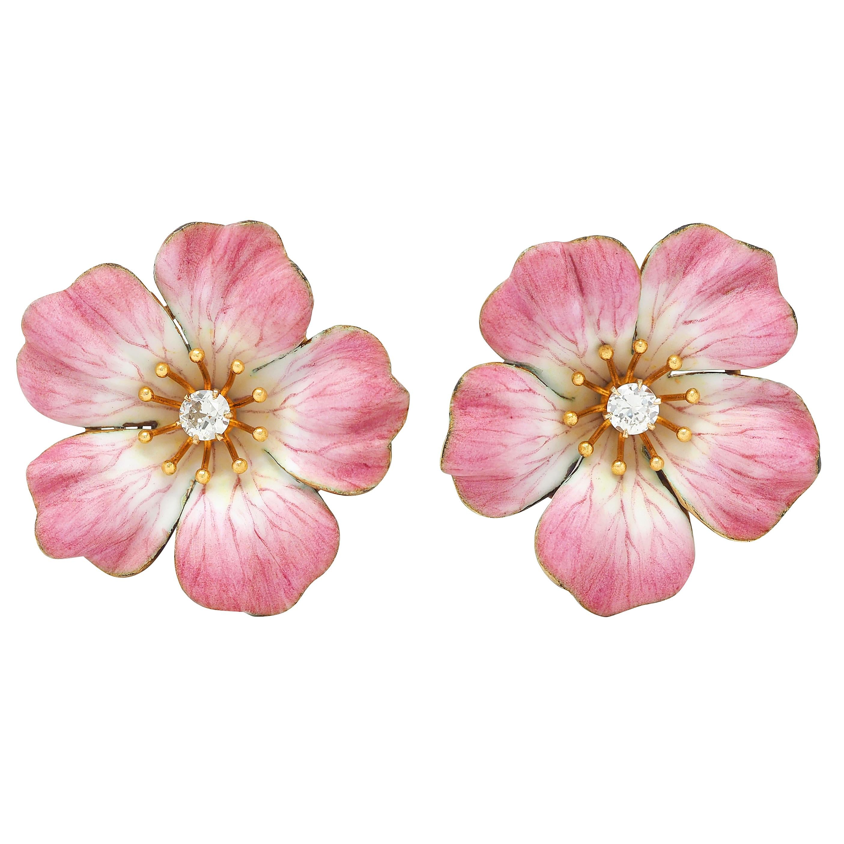 Art Nouveau Diamond Enamel 14K Gold Antique Painted Flower Screw-Back Earrings