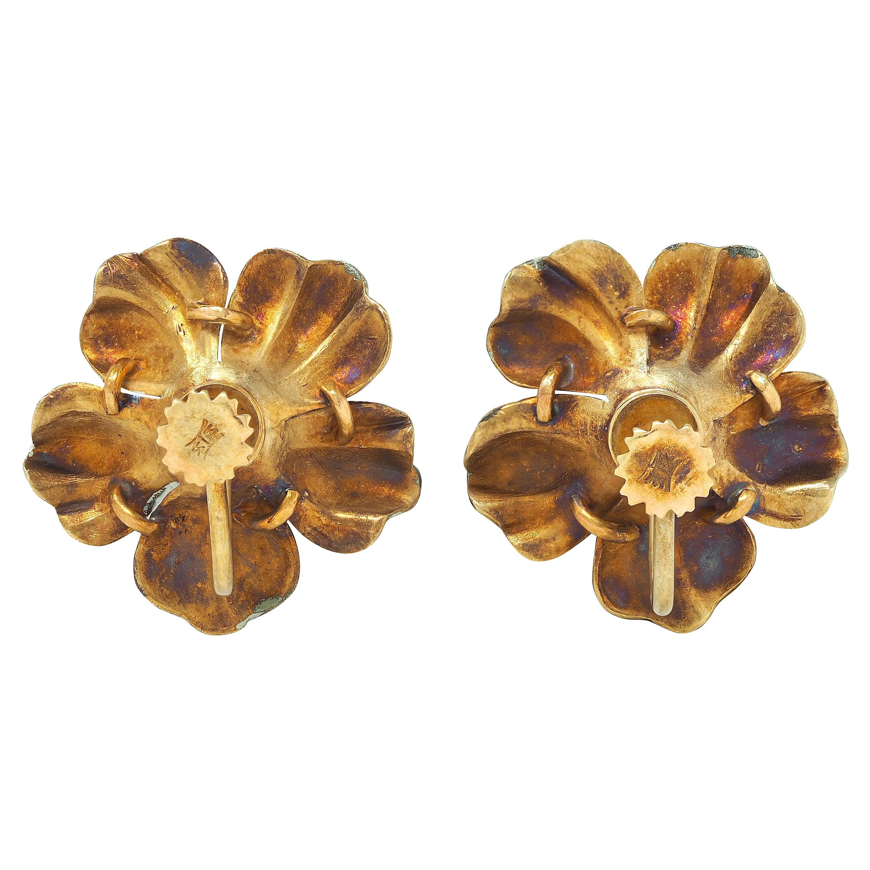 Art Nouveau Diamond Enamel 14K Gold Antique Painted Flower Screw-Back Earrings