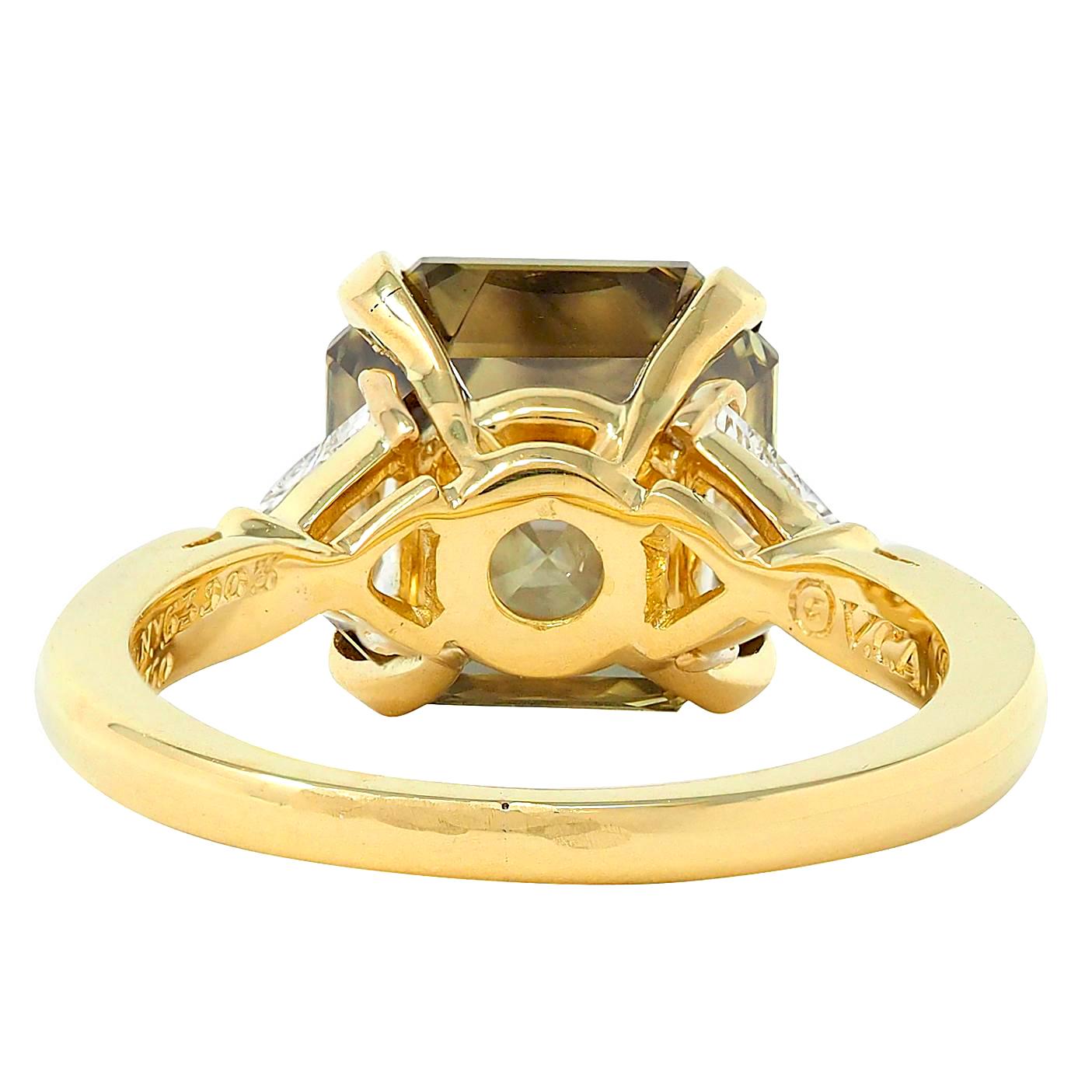 Van Cleef & Arpels 1990's 5.31 CTW Fancy Green Asscher Cut Diamond 18 Karat Yellow Gold Vintage Three Stone Ring