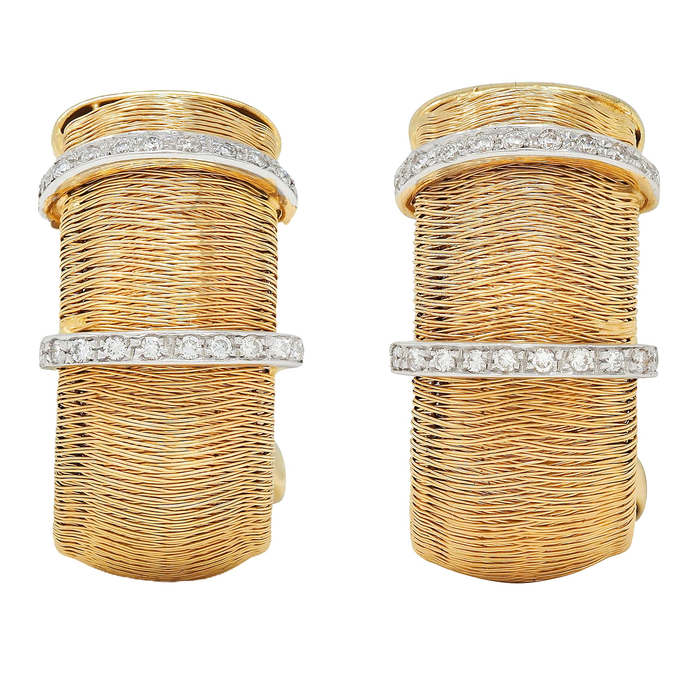 Contemporary Diamond 18 Karat Two-Tone Gold Woven Mesh J-Hoop Earrings