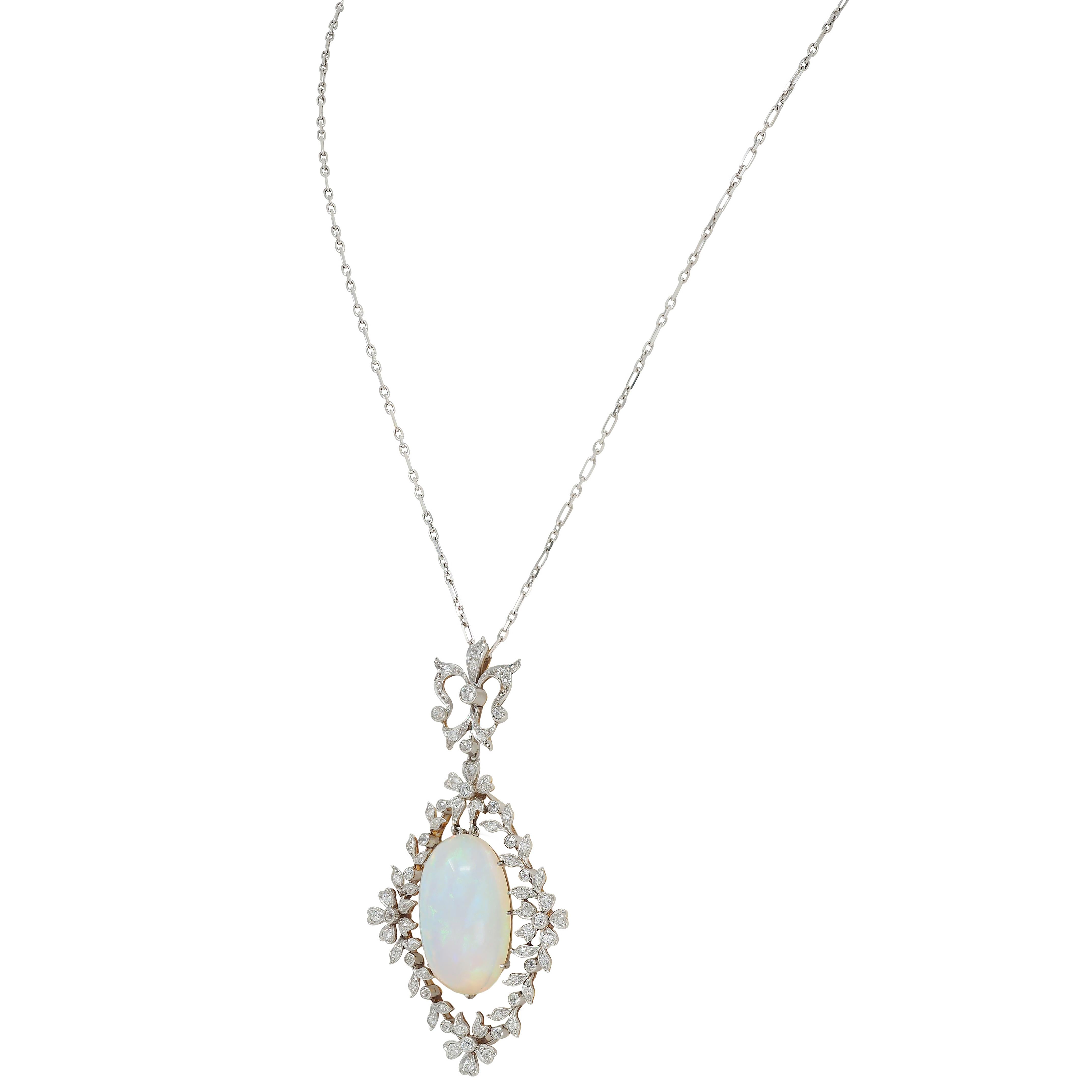 Edwardian Opal Diamond Platinum 18K Gold Garland Antique Pendant Necklace