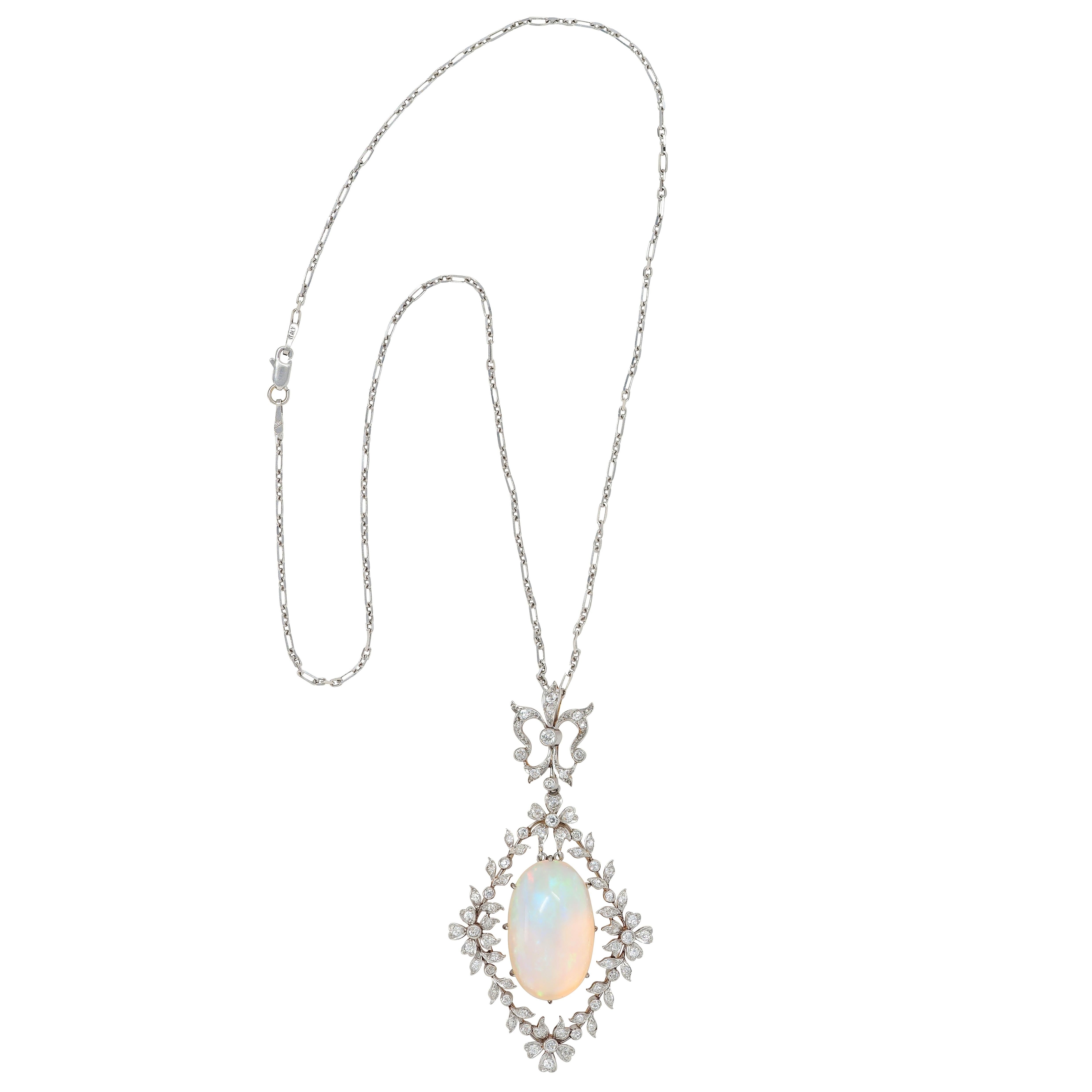 Edwardian Opal Diamond Platinum 18K Gold Garland Antique Pendant Necklace