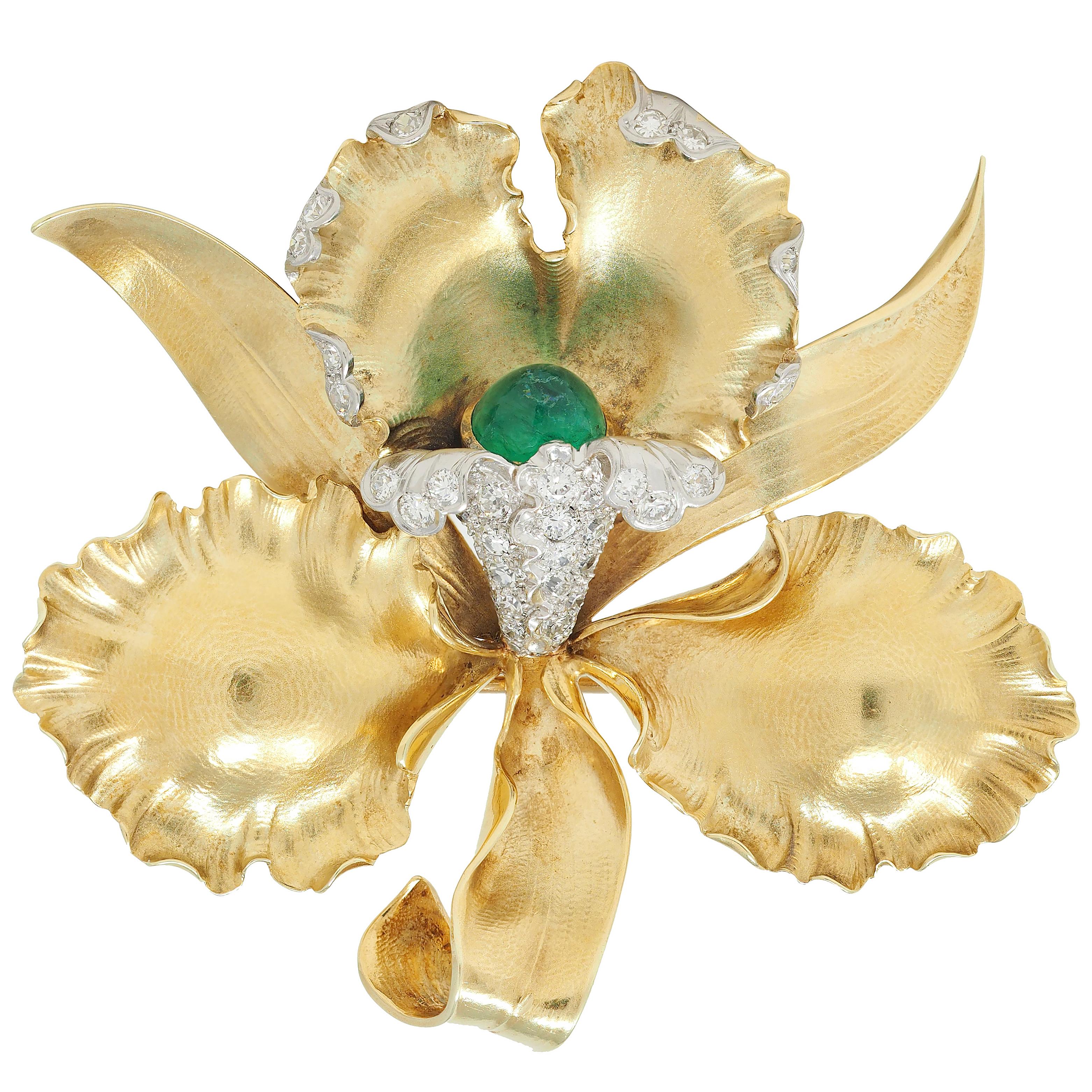 Mid-Century 3.35 CTW Diamond Emerald Platinum 14K Gold Vintage Orchid Brooch