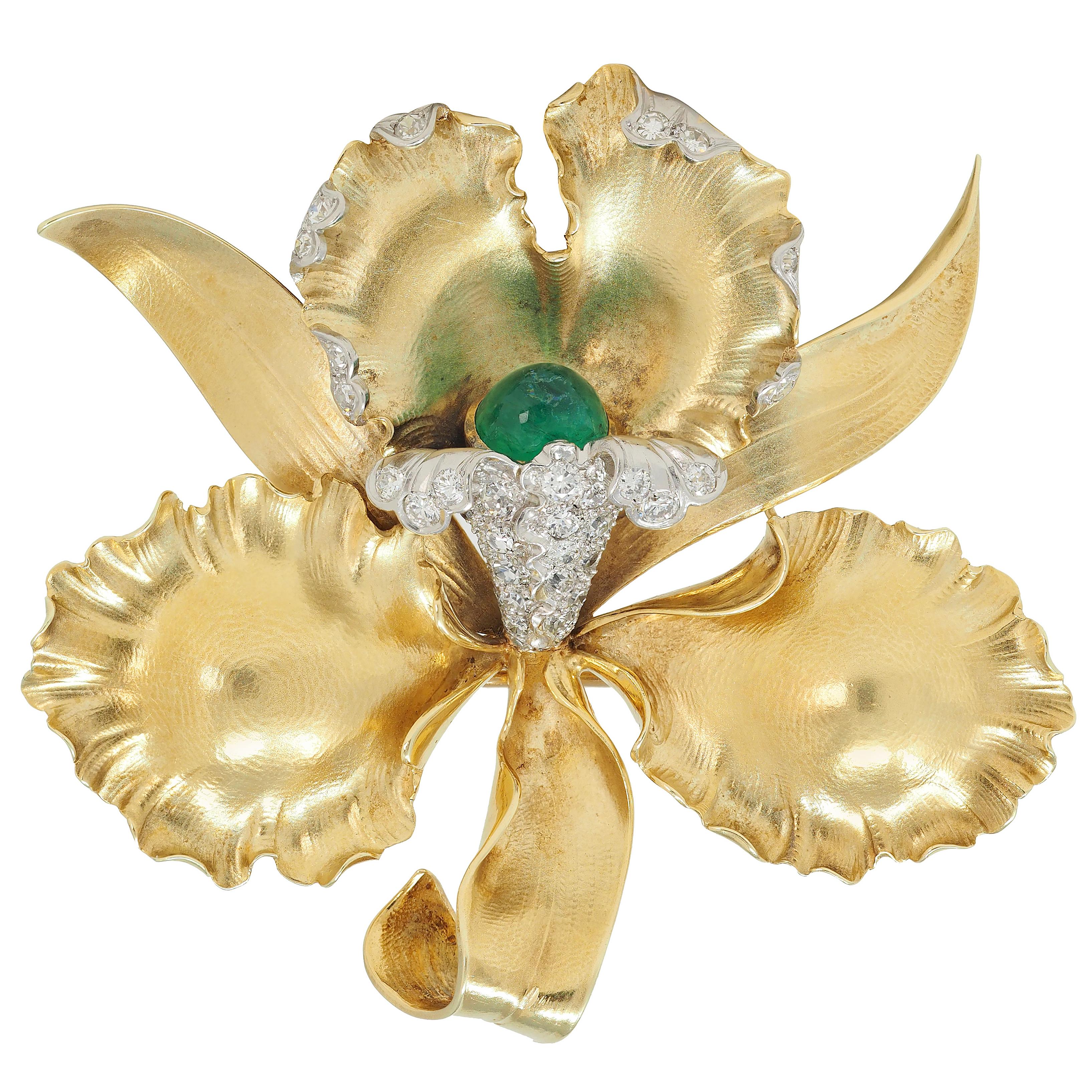 Mid-Century 3.35 CTW Diamond Emerald Platinum 14K Gold Vintage Orchid Brooch