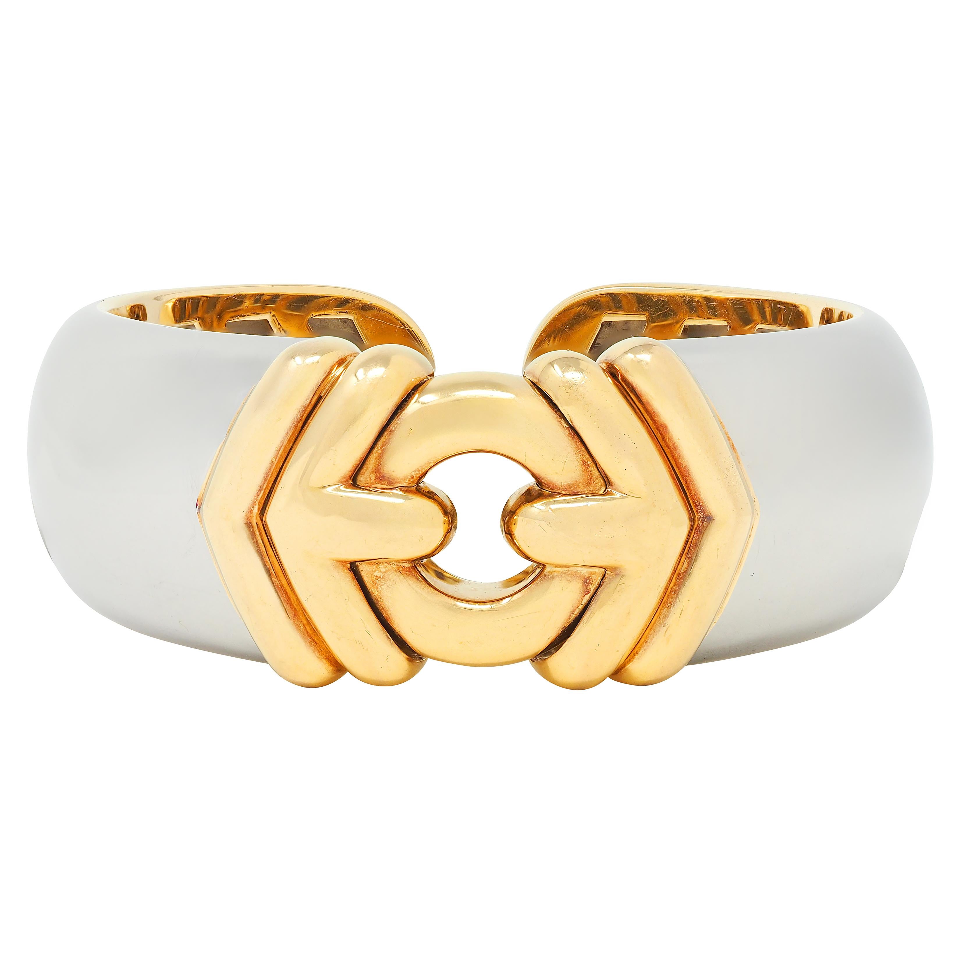 Bulgari 1990's 18K Yellow Gold Stainless Steel Vintage Alveare Cuff Bracelet