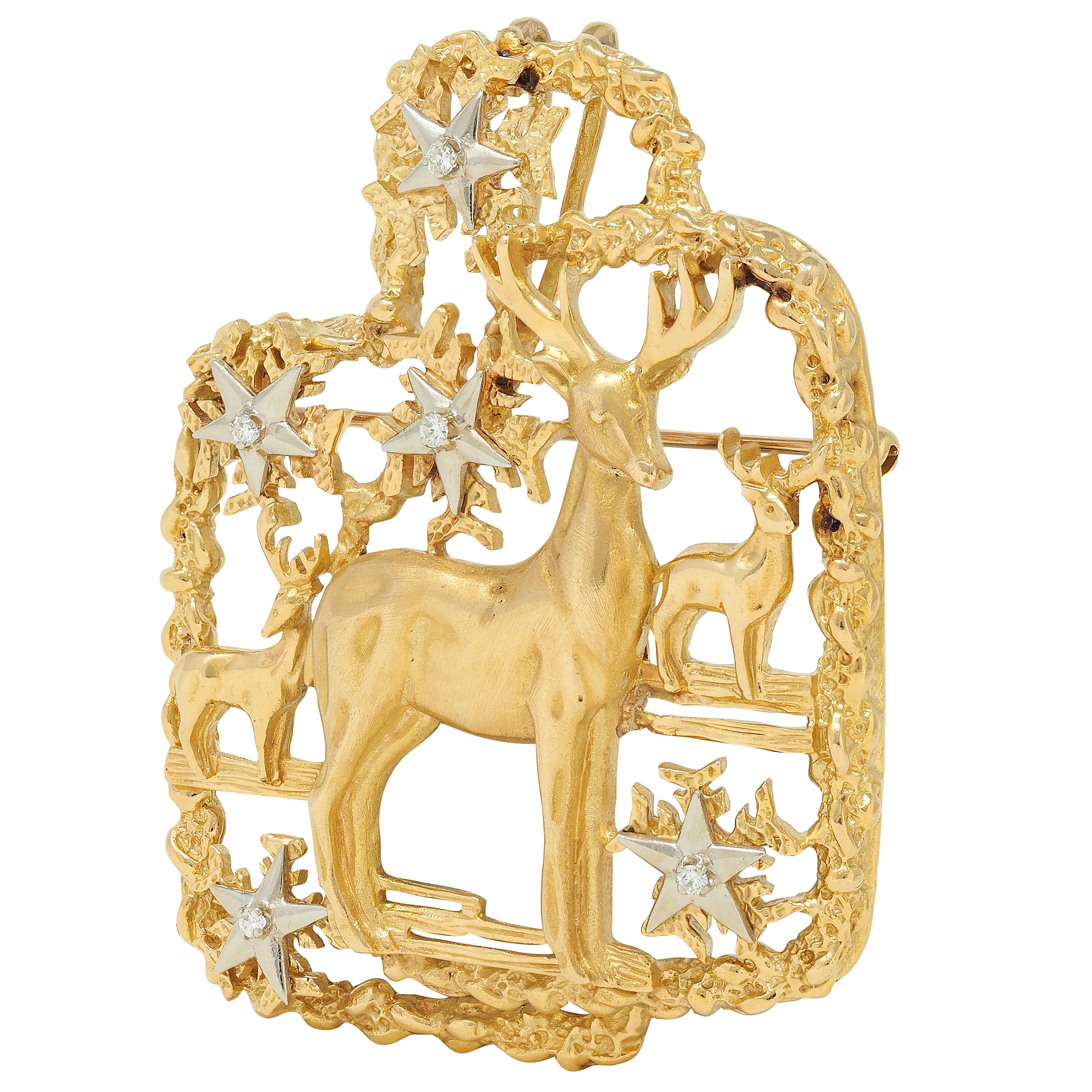 Peter Lindeman 1975 Diamond 18 Karat Two-Tone Gold Vintage Reindeer Xmas Brooch