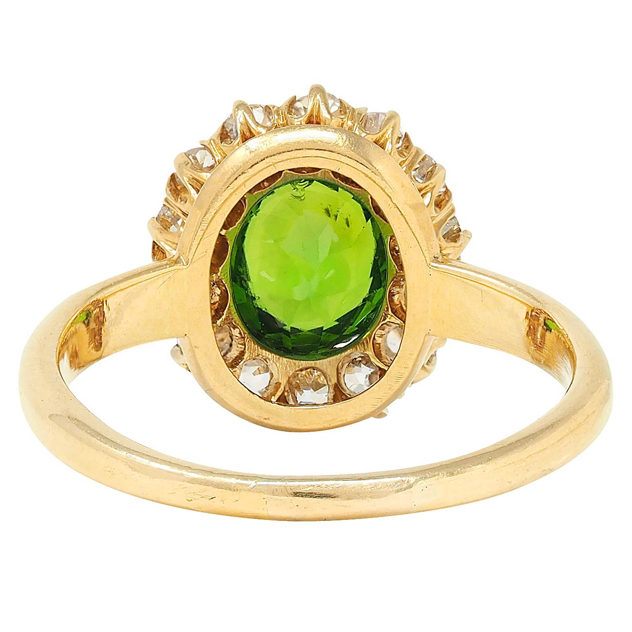 Victorian Green Demantoid Garnet Diamond 18 Karat Yellow Gold Antique Halo Ring