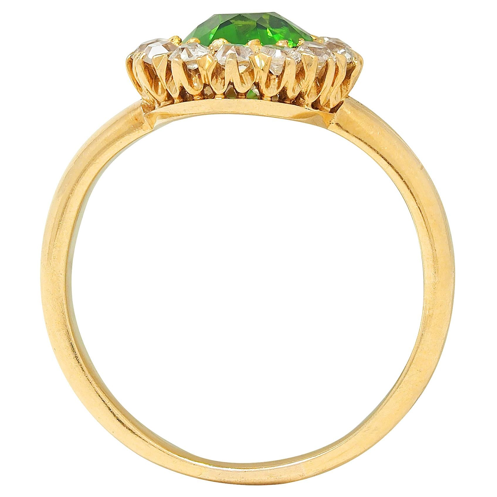 Victorian Green Demantoid Garnet Diamond 18 Karat Yellow Gold Antique Halo Ring