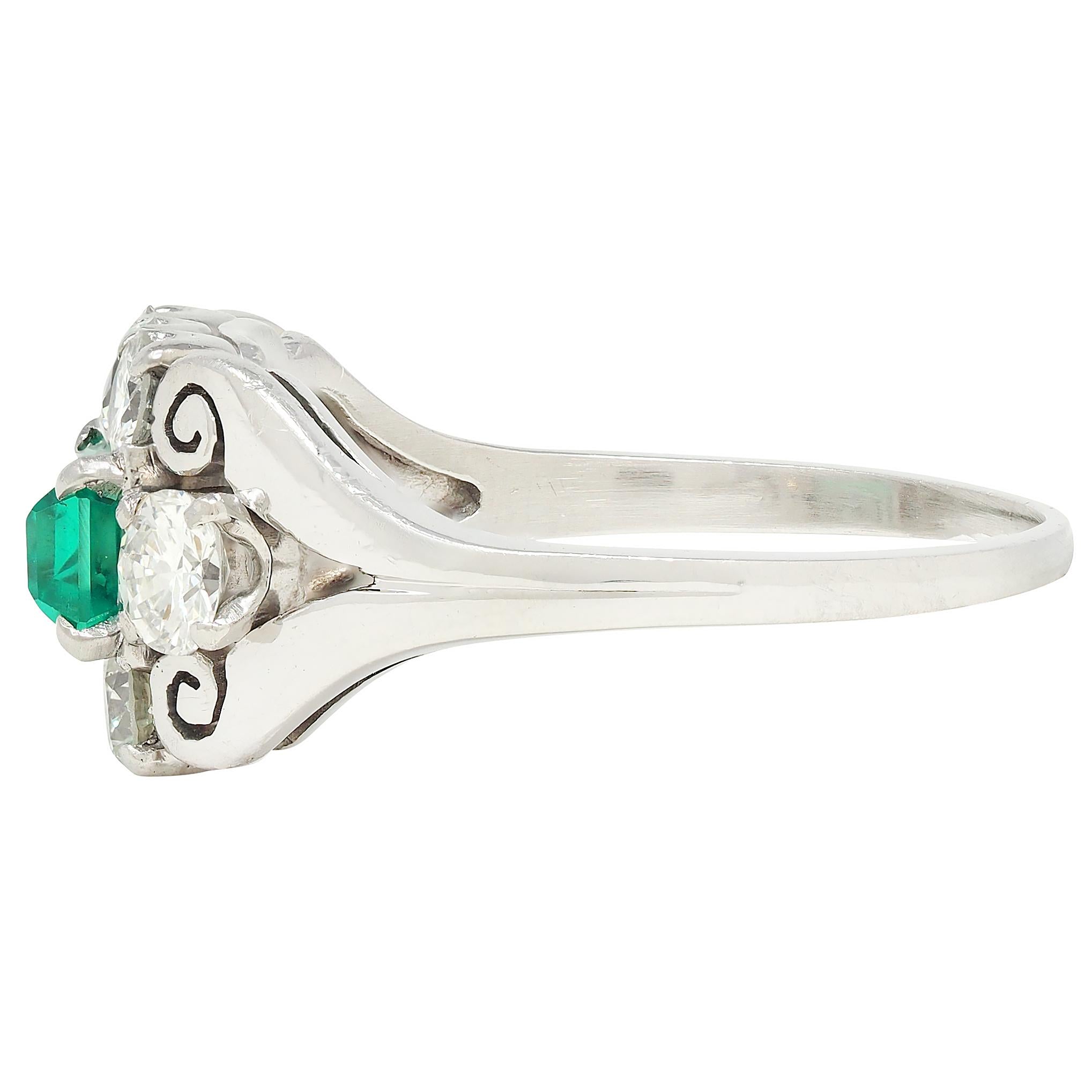 Mid-Century 2.14 Emerald Diamond Platinum Vintage Scroll Ring