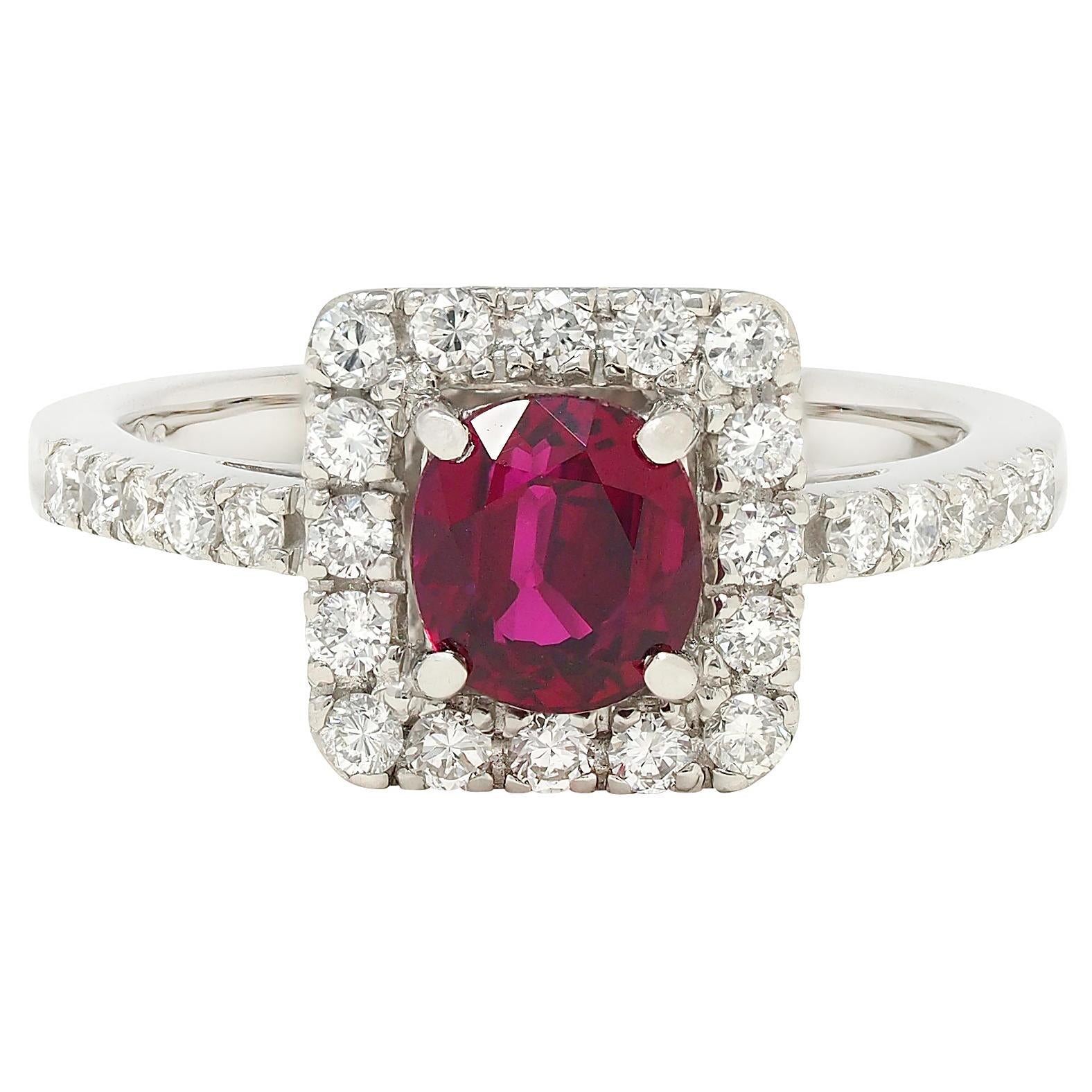 Contemporary 1.47 CTW Cushion Cut Ruby Diamond Platinum Square Halo Ring