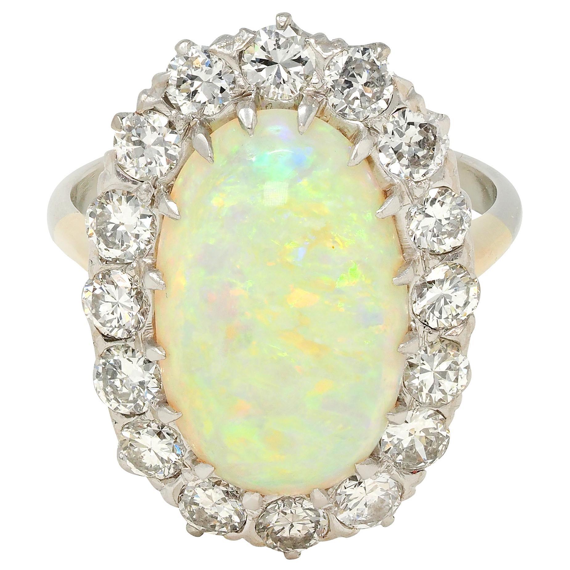 Mid-Century Diamond Opal Platinum 14 Karat Gold Vintage Halo Ring