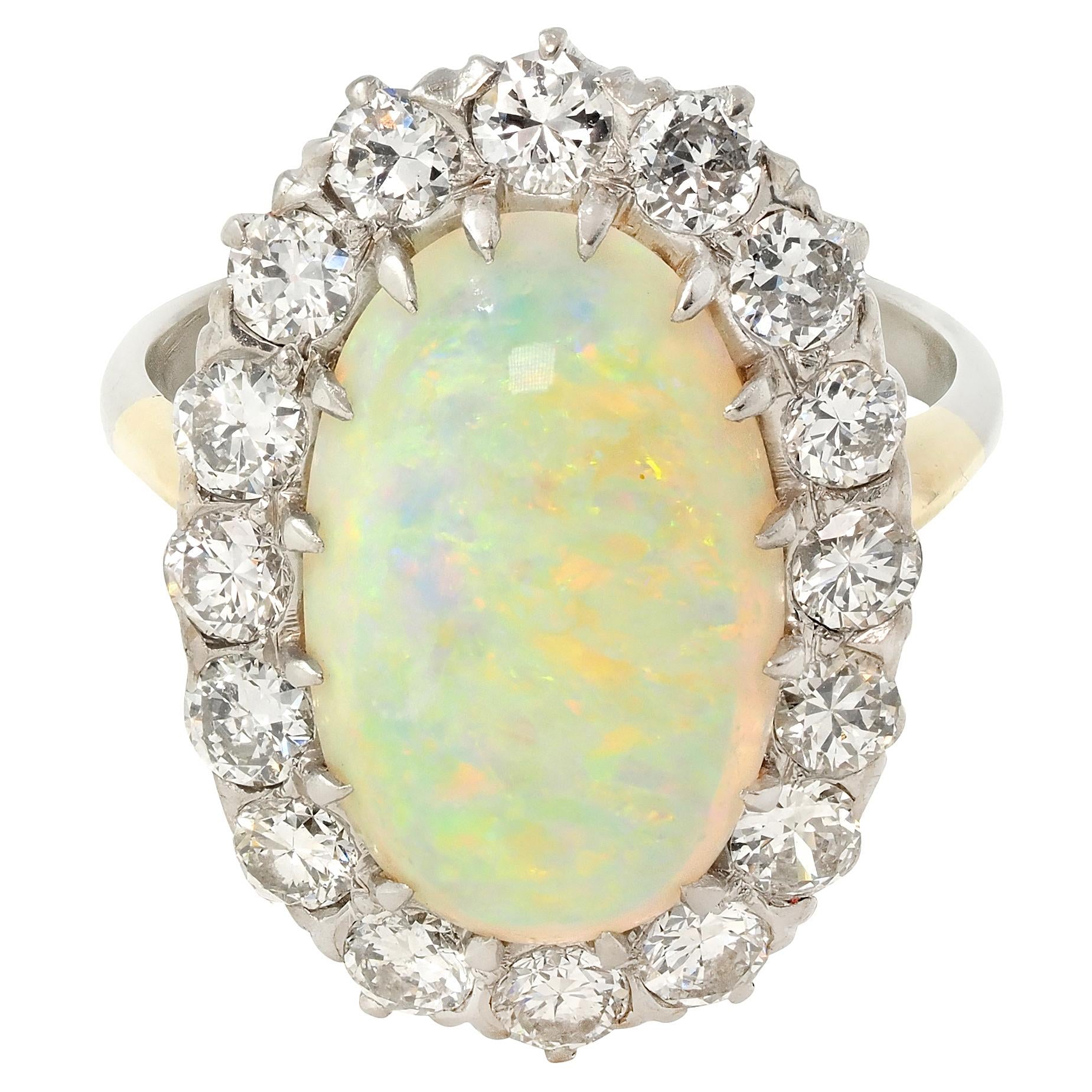 Mid-Century Diamond Opal Platinum 14 Karat Gold Vintage Halo Ring