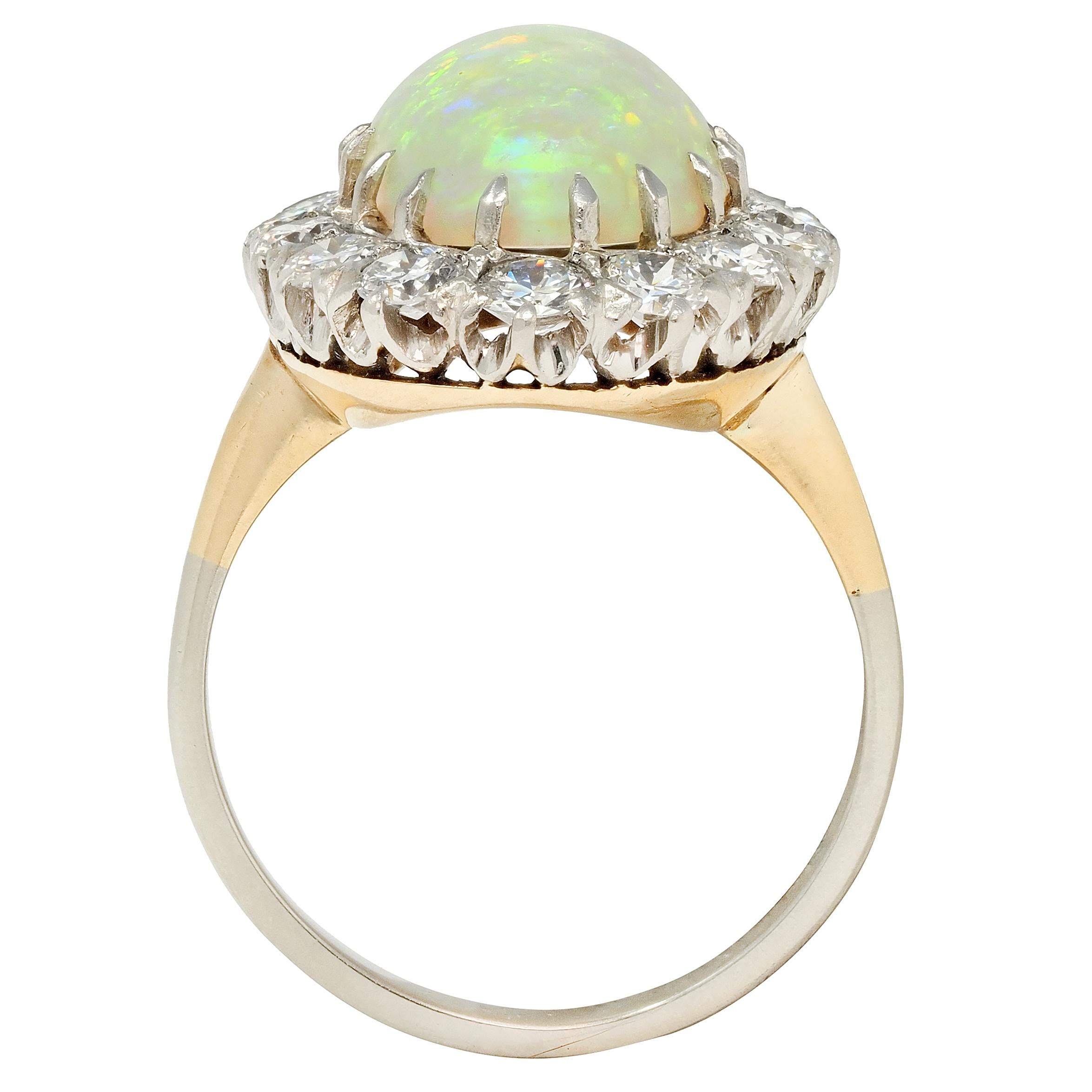 Mid-Century Diamond Opal Platinum 14 Karat Gold Vintage Halo Ring