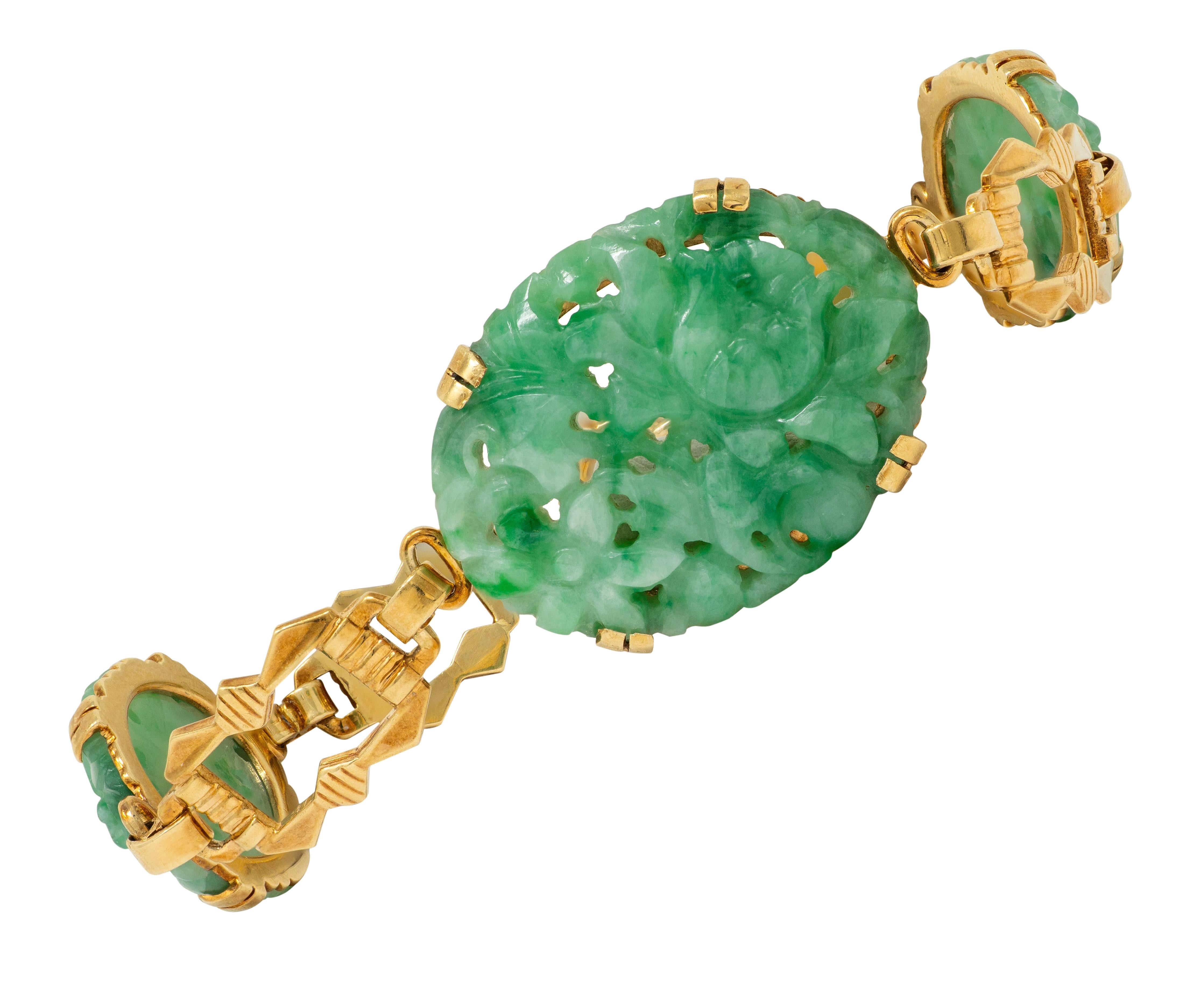 Tiffany & Co. Art Deco Carved Jade 14K Gold Antique Floral Link Bracelet