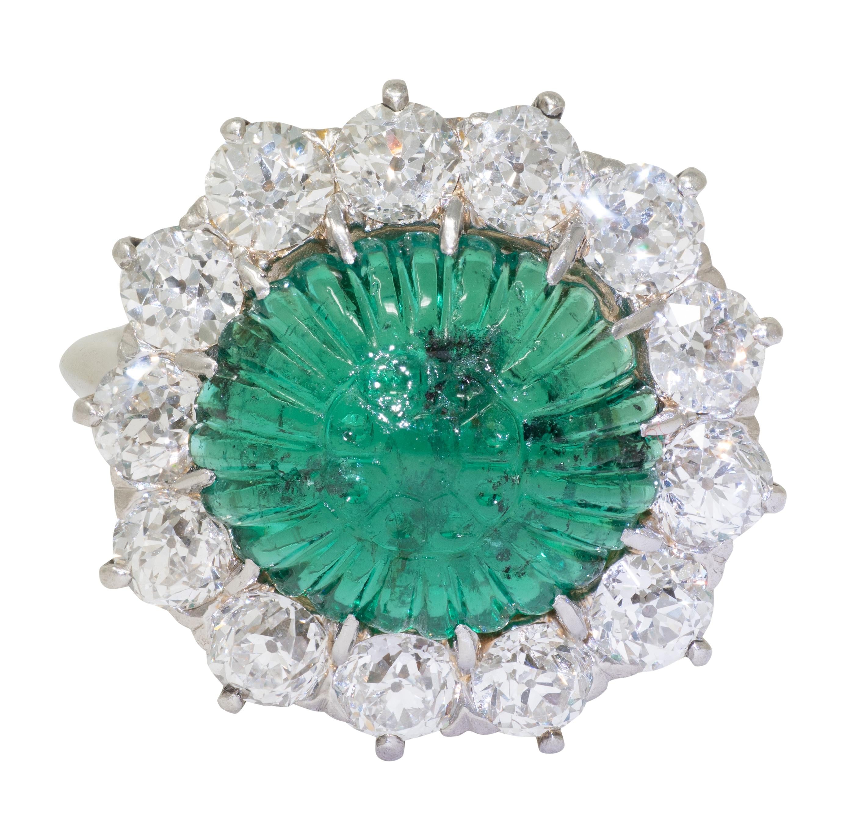 Art Deco Carved Mogul Emerald Diamond Platinum 18K Gold Antique Halo Ring