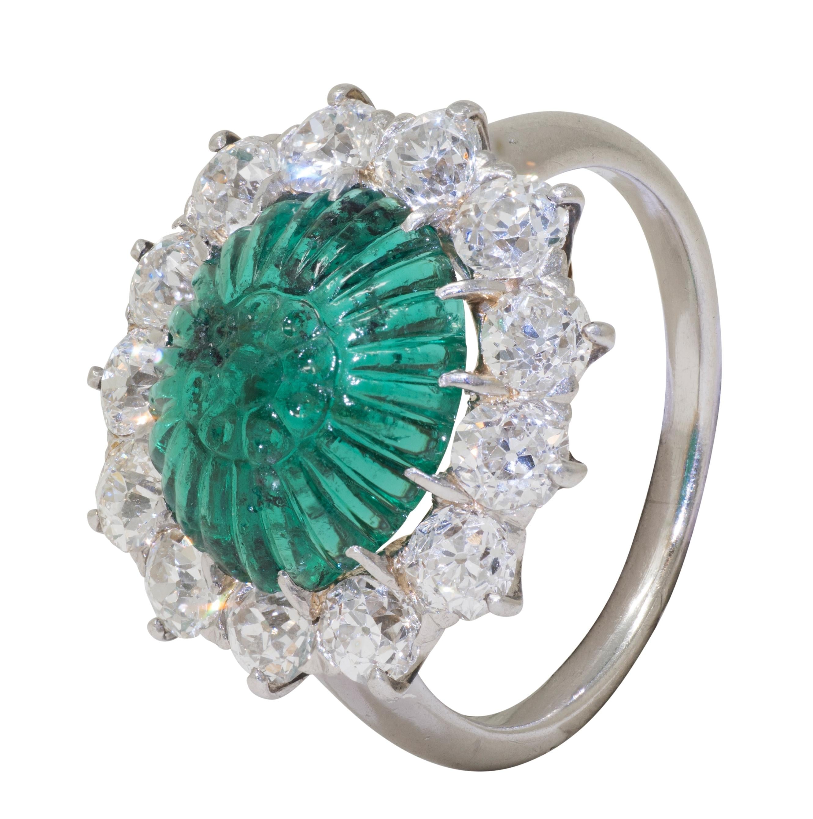 Art Deco Carved Mogul Emerald Diamond Platinum 18K Gold Antique Halo Ring