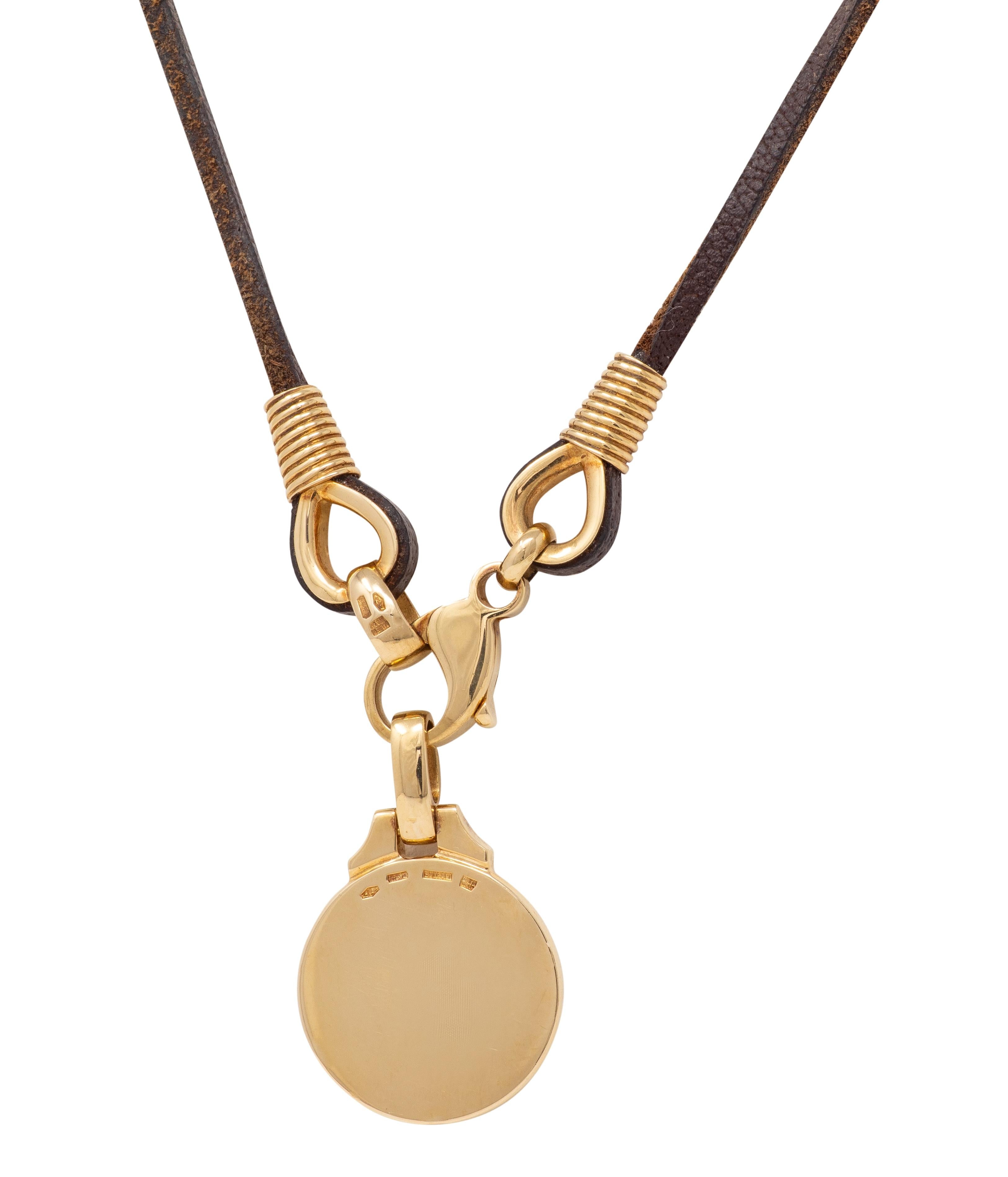 Bulgari 18K Yellow White Gold Pisces Zodiac Vintage Leather Pendant Necklace