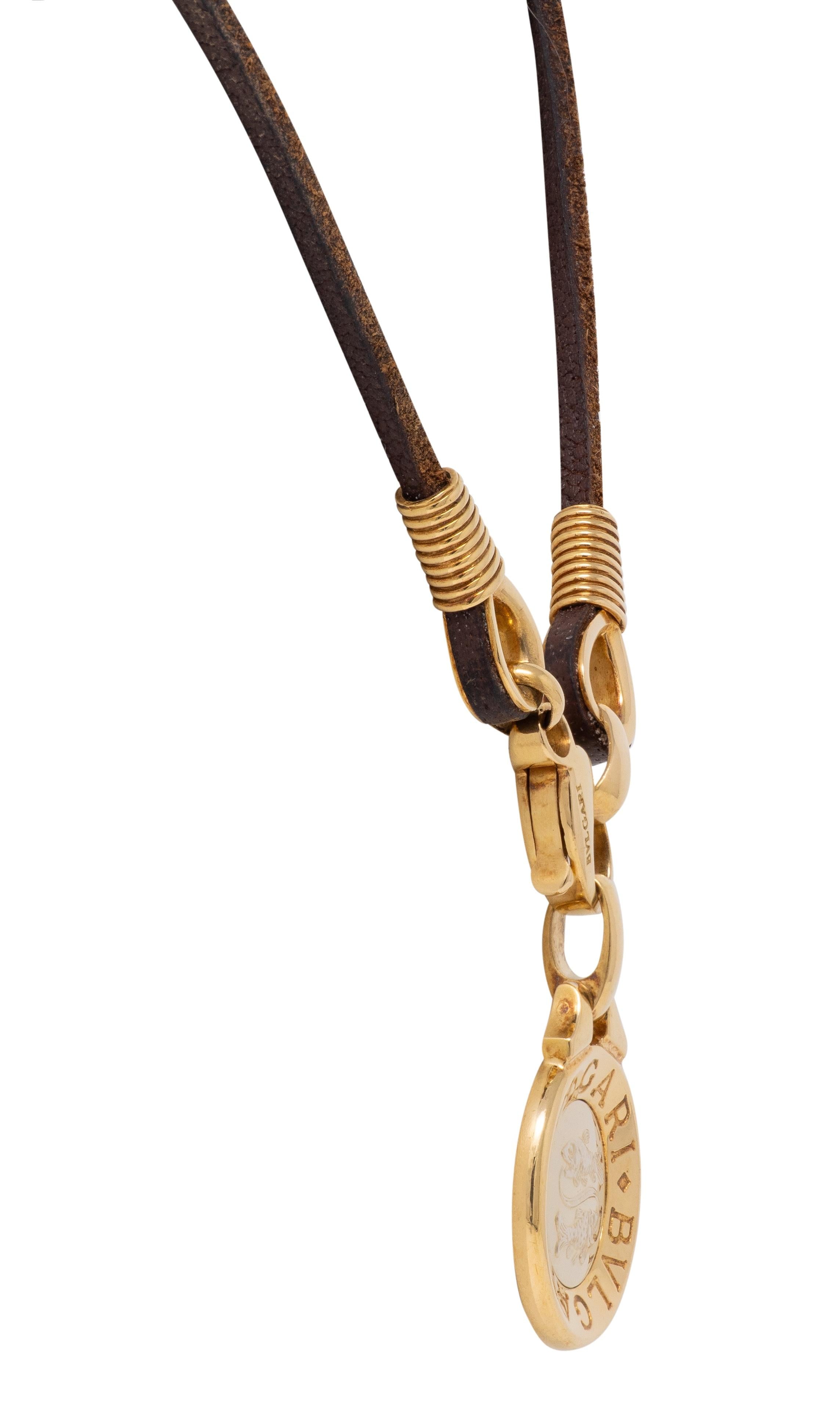 Bulgari 18K Yellow White Gold Pisces Zodiac Vintage Leather Pendant Necklace