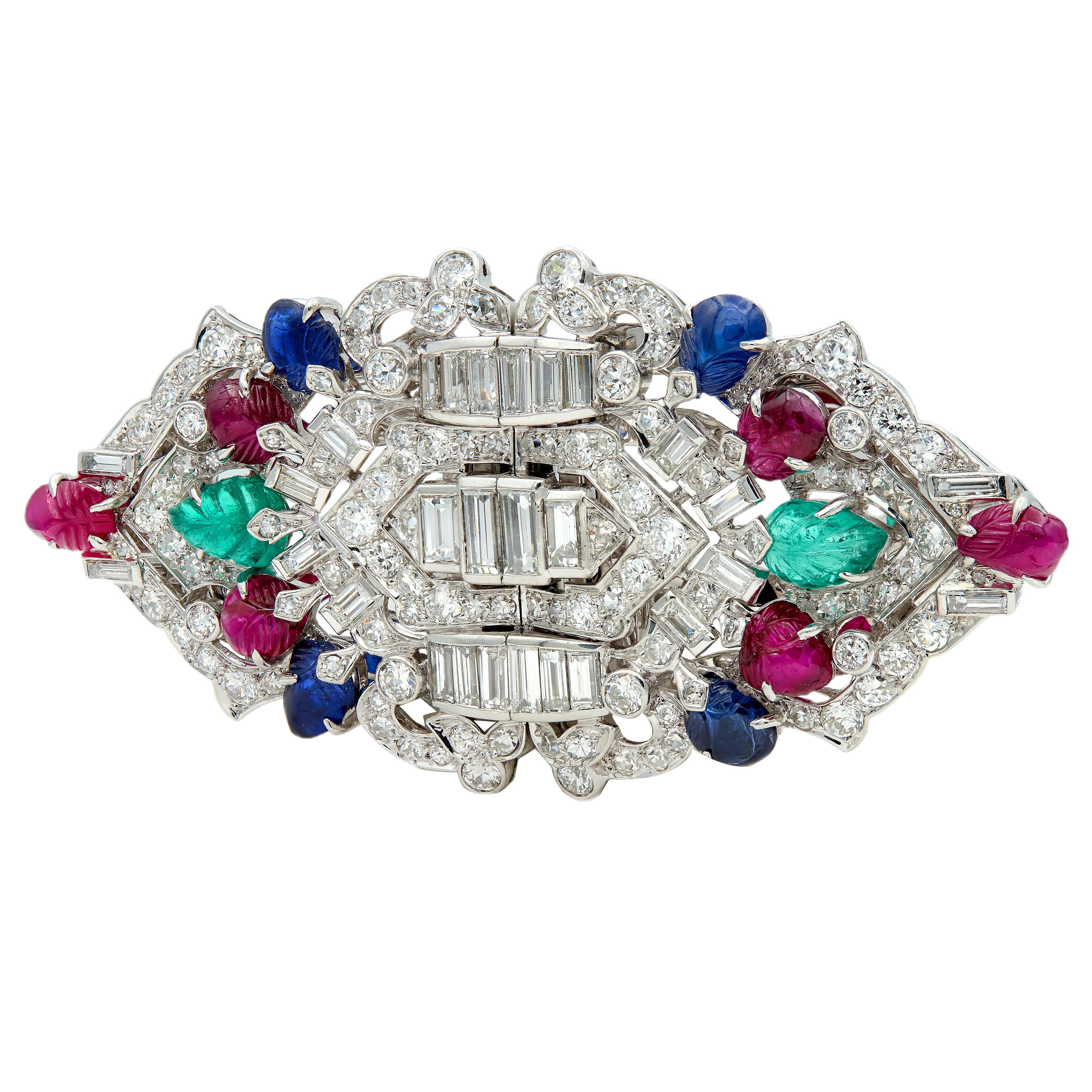 Art Deco Ruby Sapphire Diamond Platinum Vintage Tutti Frutti Brooch Clips