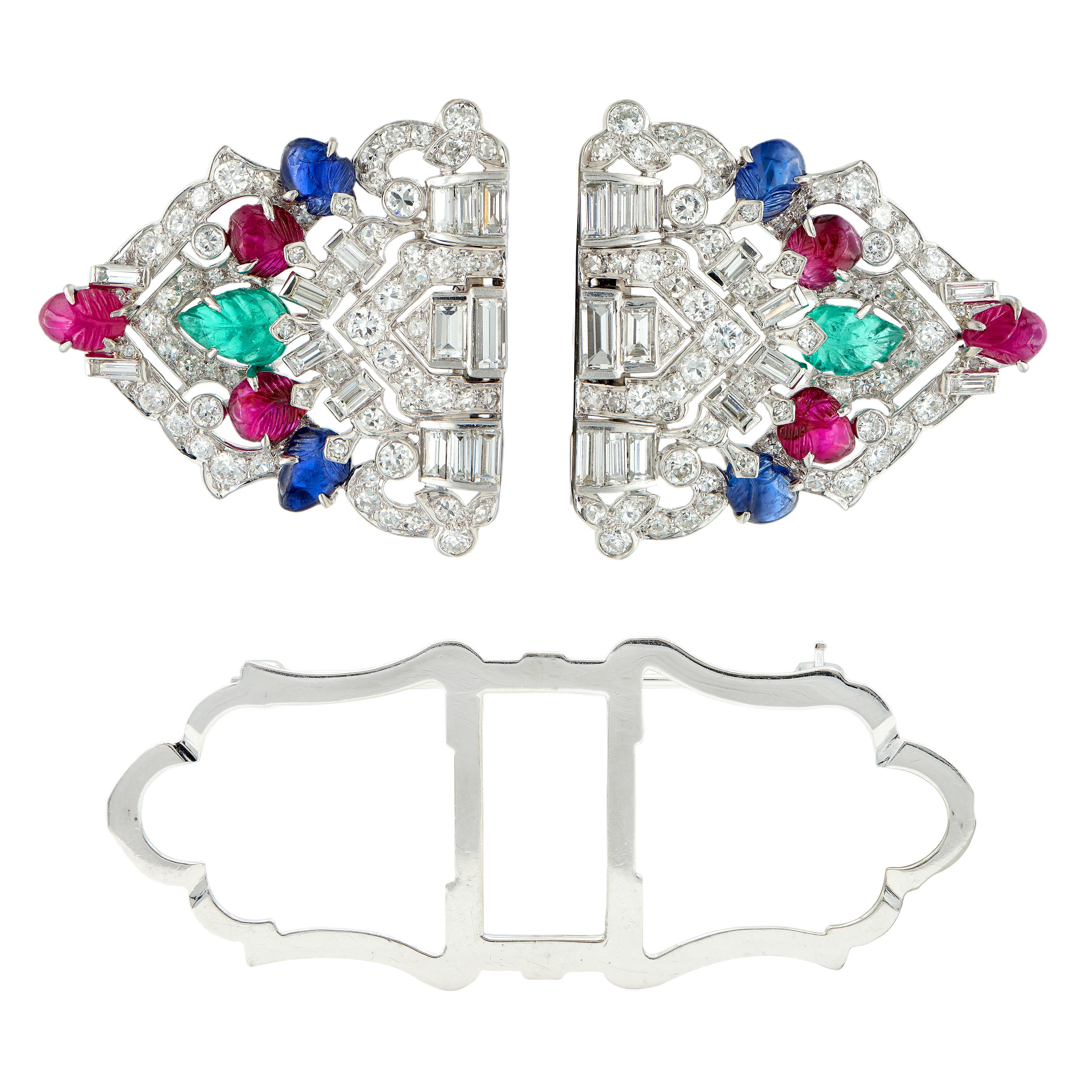 Art Deco Ruby Sapphire Diamond Platinum Vintage Tutti Frutti Brooch Clips