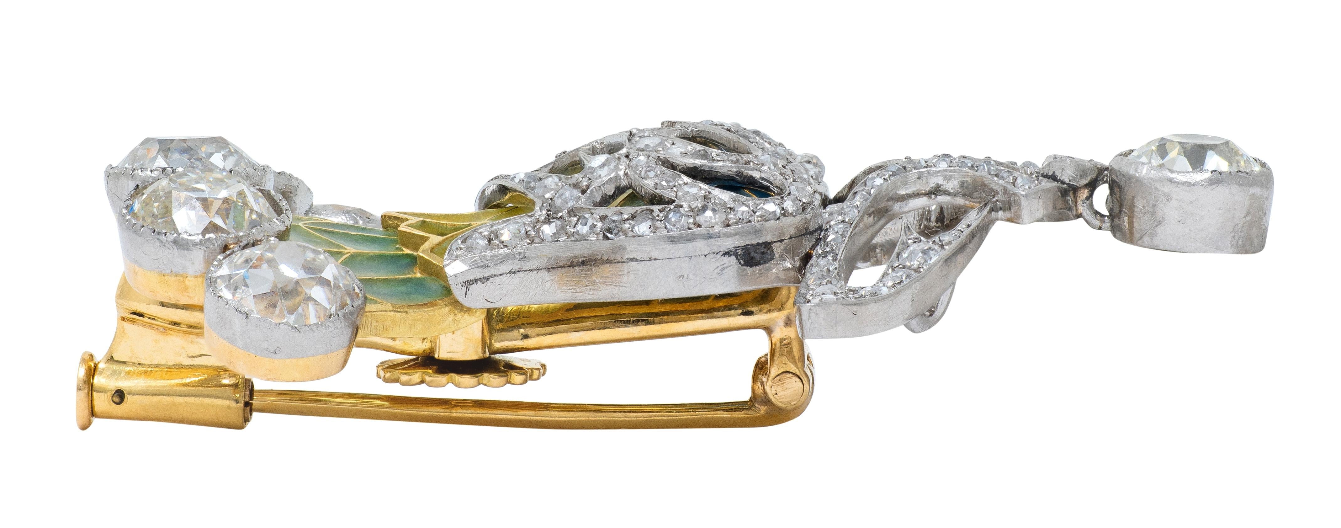 Art Nouveau Plique-a-Jour Enamel Diamond Platinum 18K Thistle Pendant Brooch
