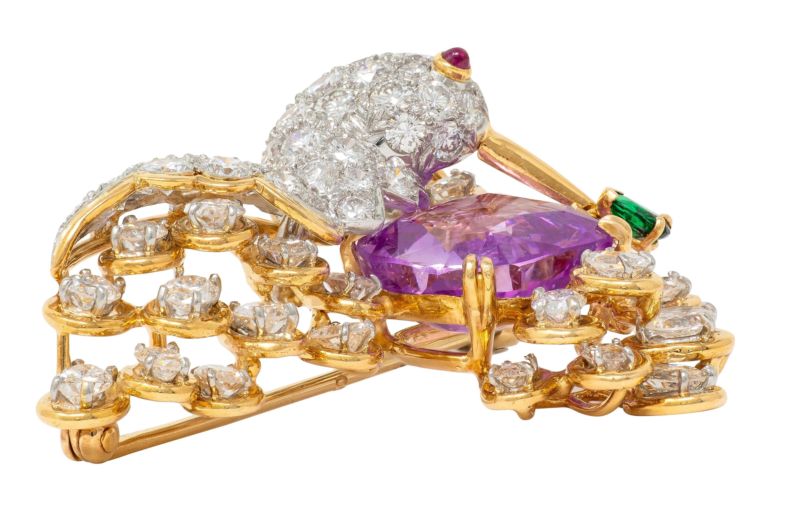 Oscar Heyman Vintage Ceylon Sapphire Multi-Gem Platinum 18K Hummingbird Brooch