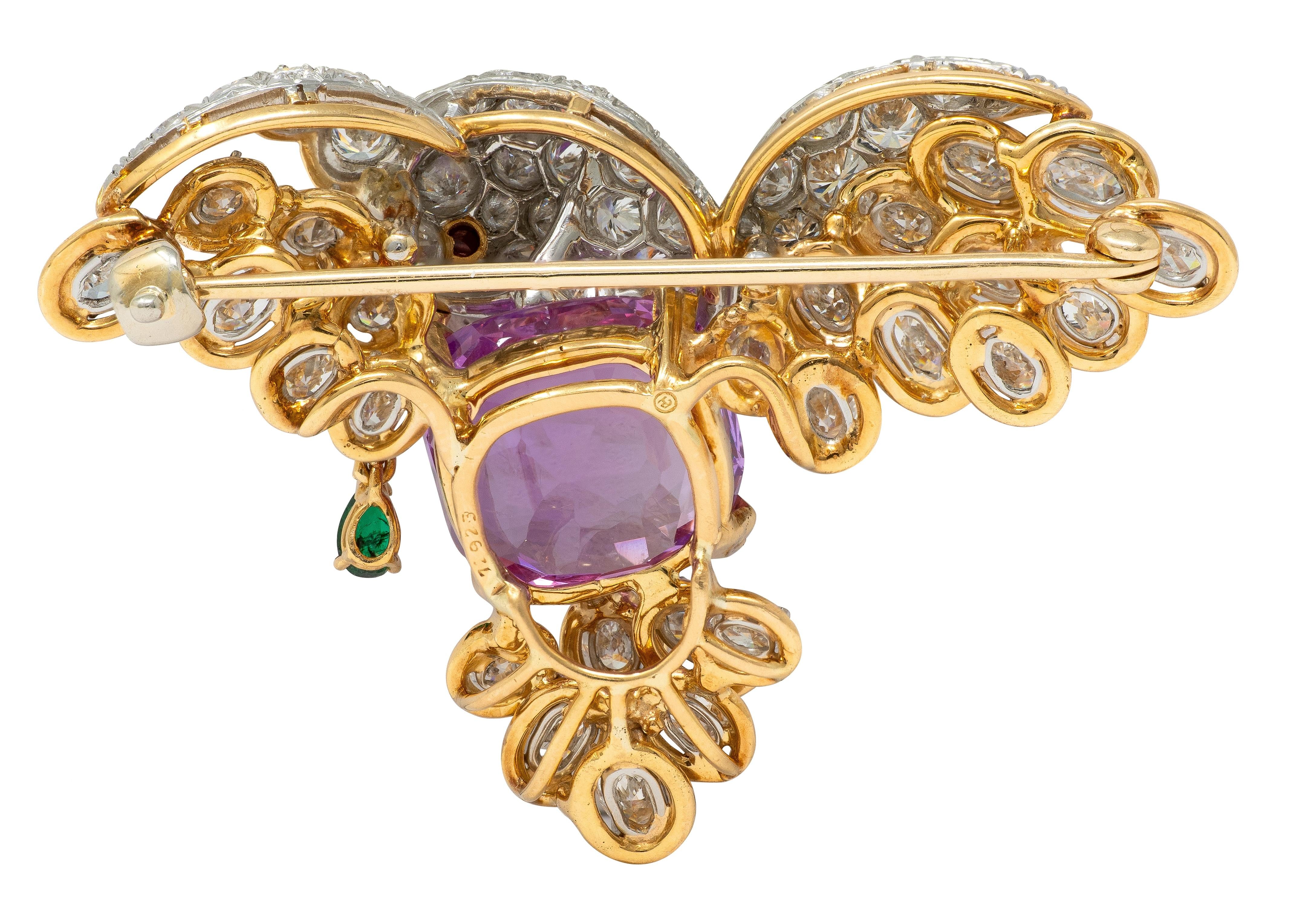 Oscar Heyman Vintage Ceylon Sapphire Multi-Gem Platinum 18K Hummingbird Brooch