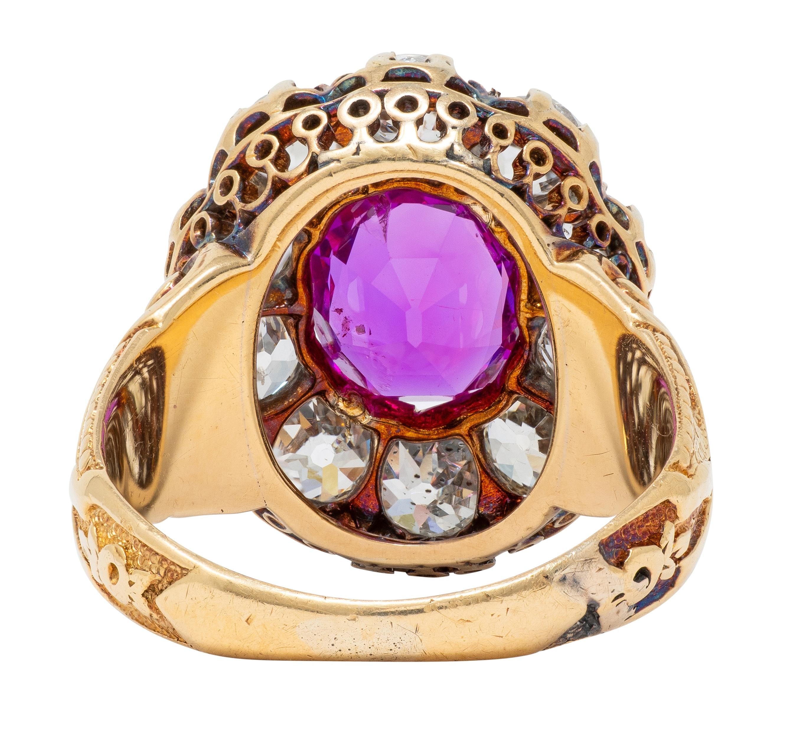 Victorian 1863 No Heat Burma Pink Sapphire Diamond 18K Gold Antique Halo Ring