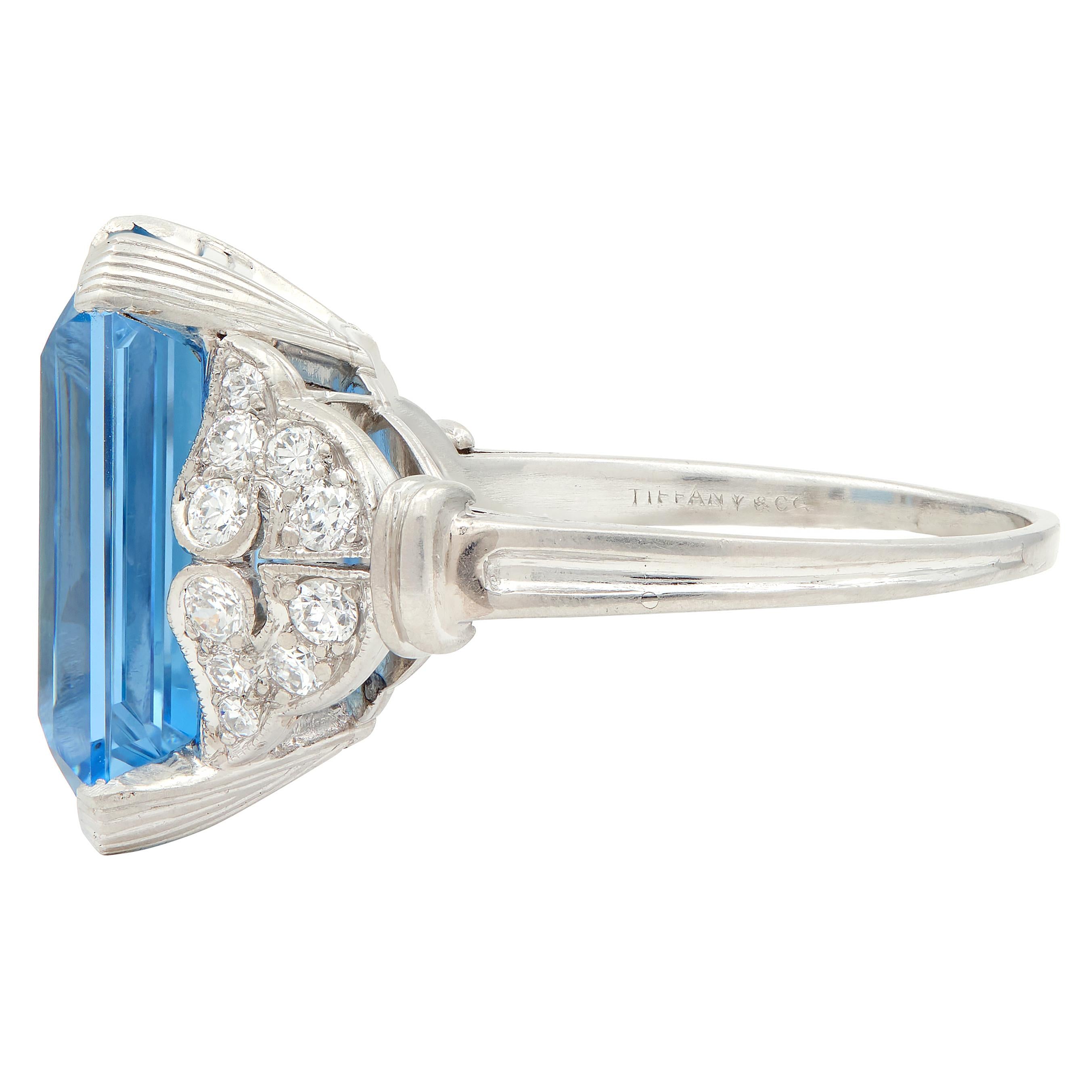 Tiffany & Co. Art Deco Aquamarine Diamond Platinum Vintage Scroll Cocktail Ring