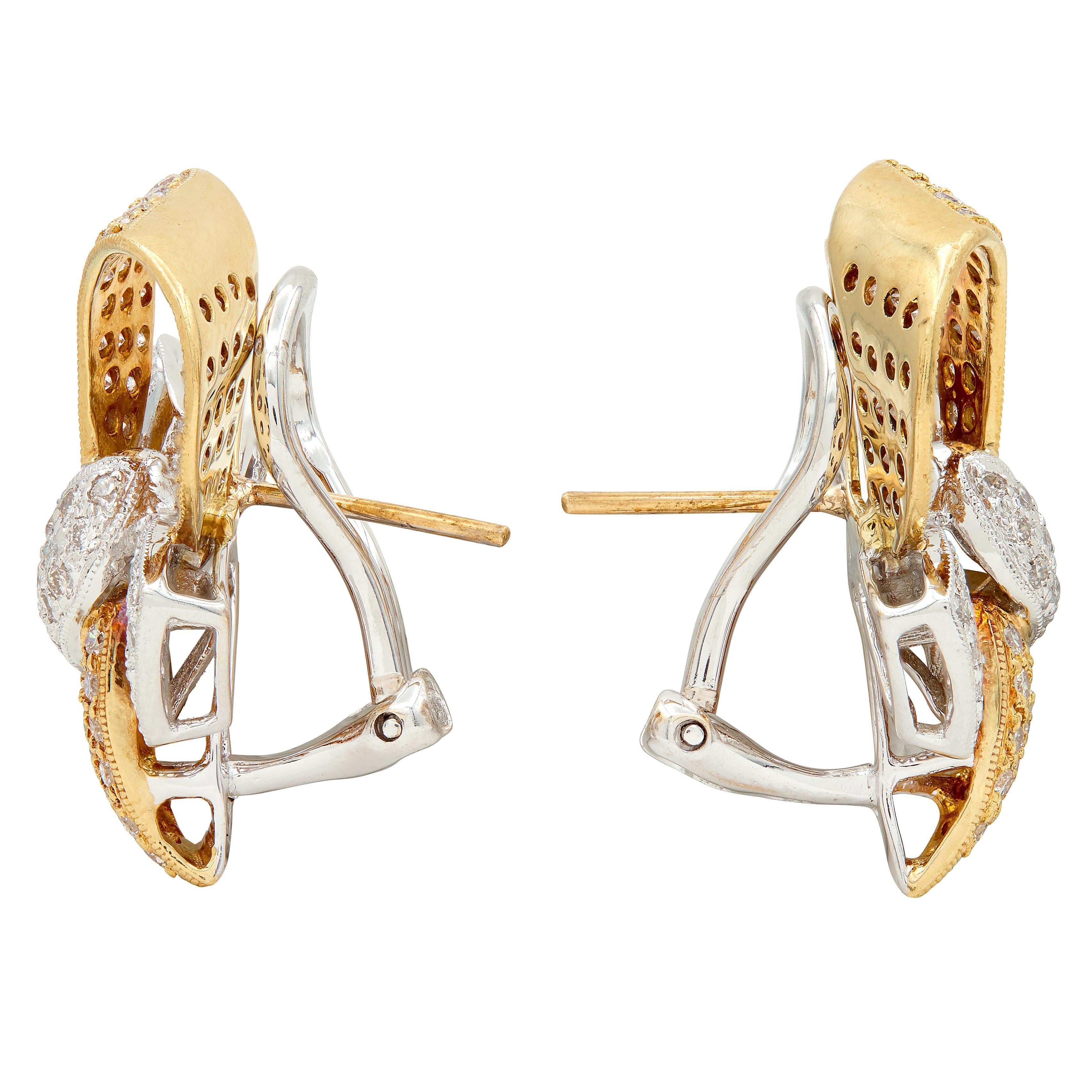 Contemporary 2.56 CTW Diamond 18 Karat Two-Tone Yellow Gold Bow Earrings