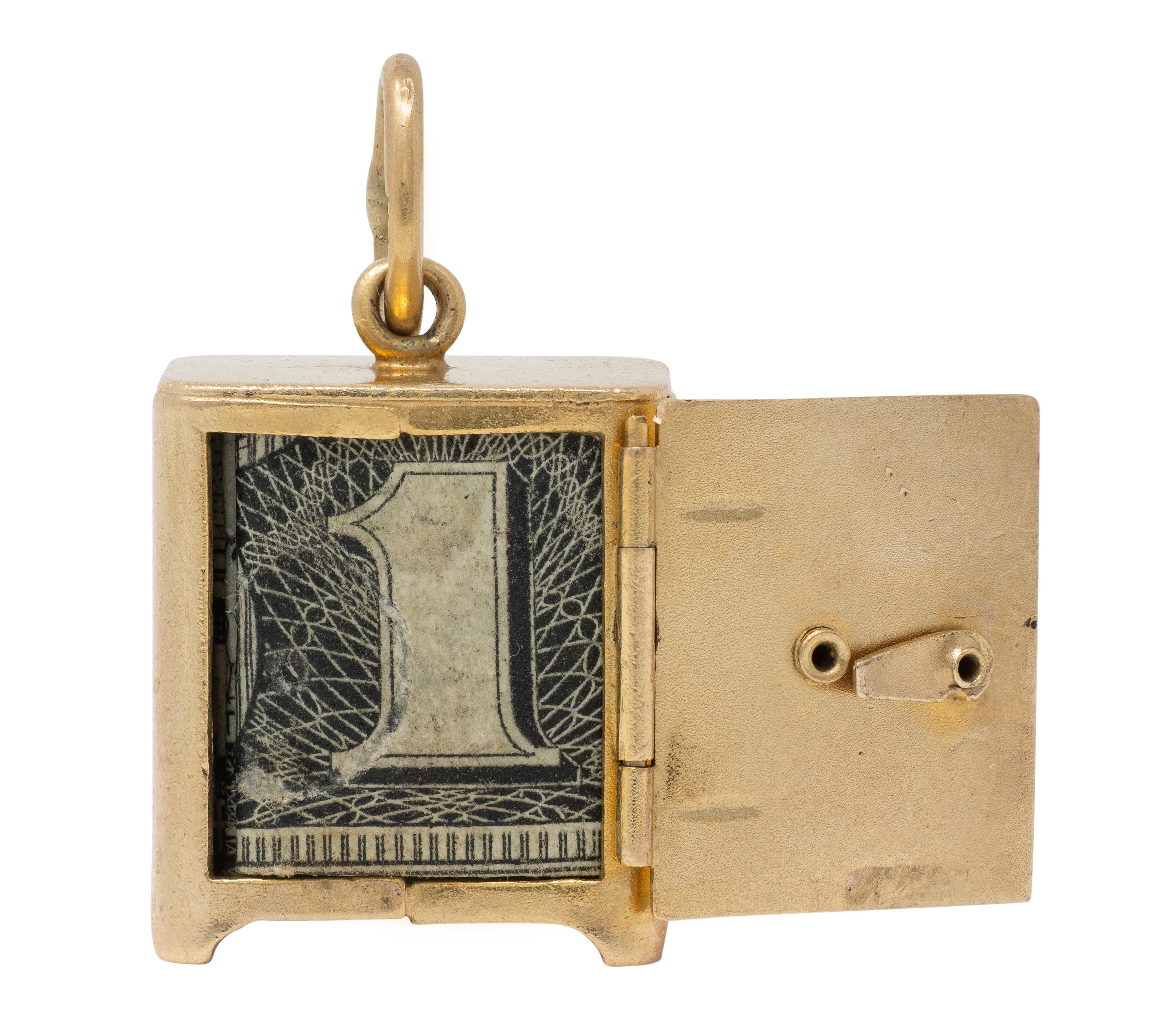 Retro 1940's 14 Karat Yellow Gold Functional Safe Dollar Bill Charm Pendant