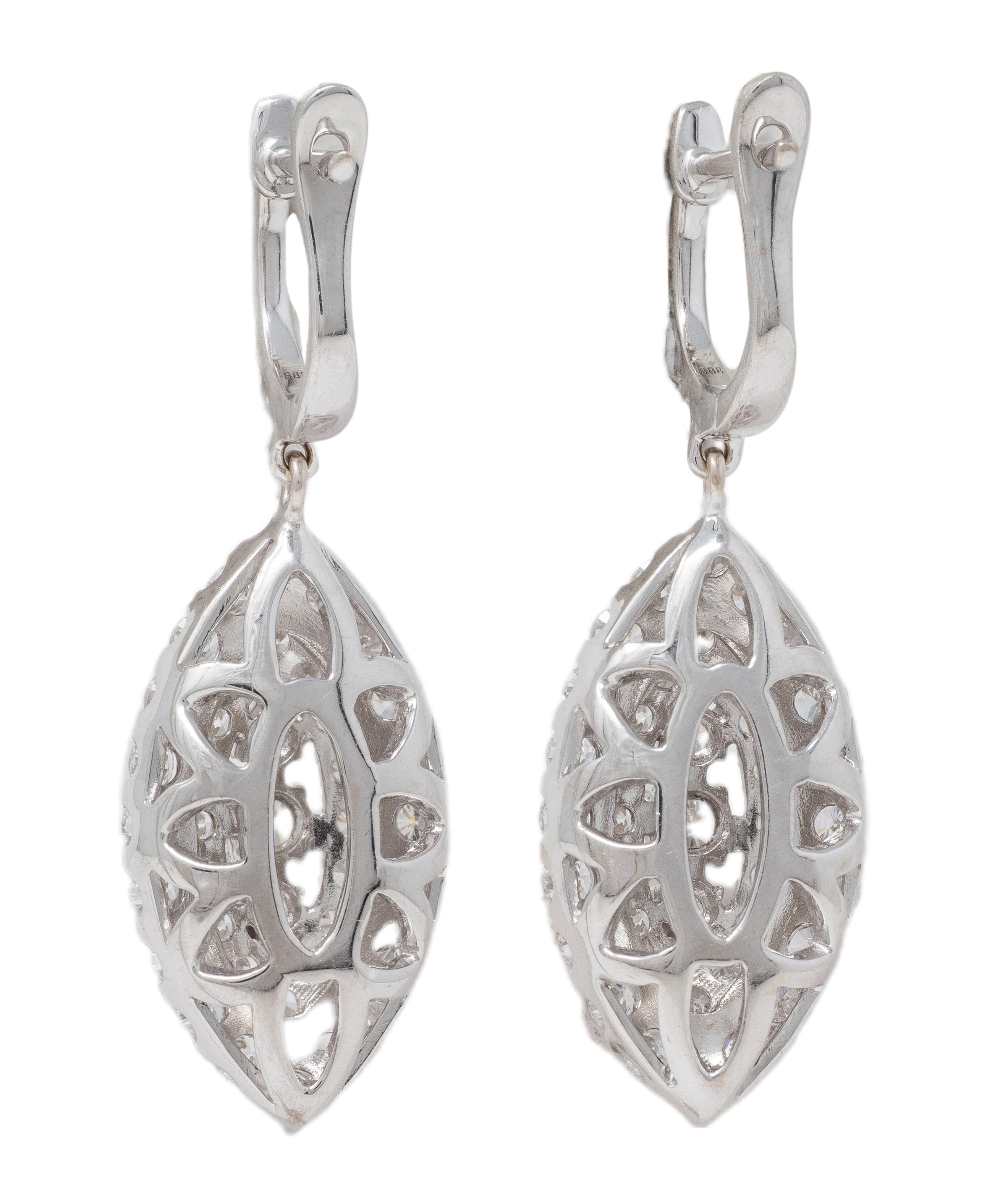 Contemporary 2.21 CTW Diamond 18 Karat White Gold Navette Drop Earrings