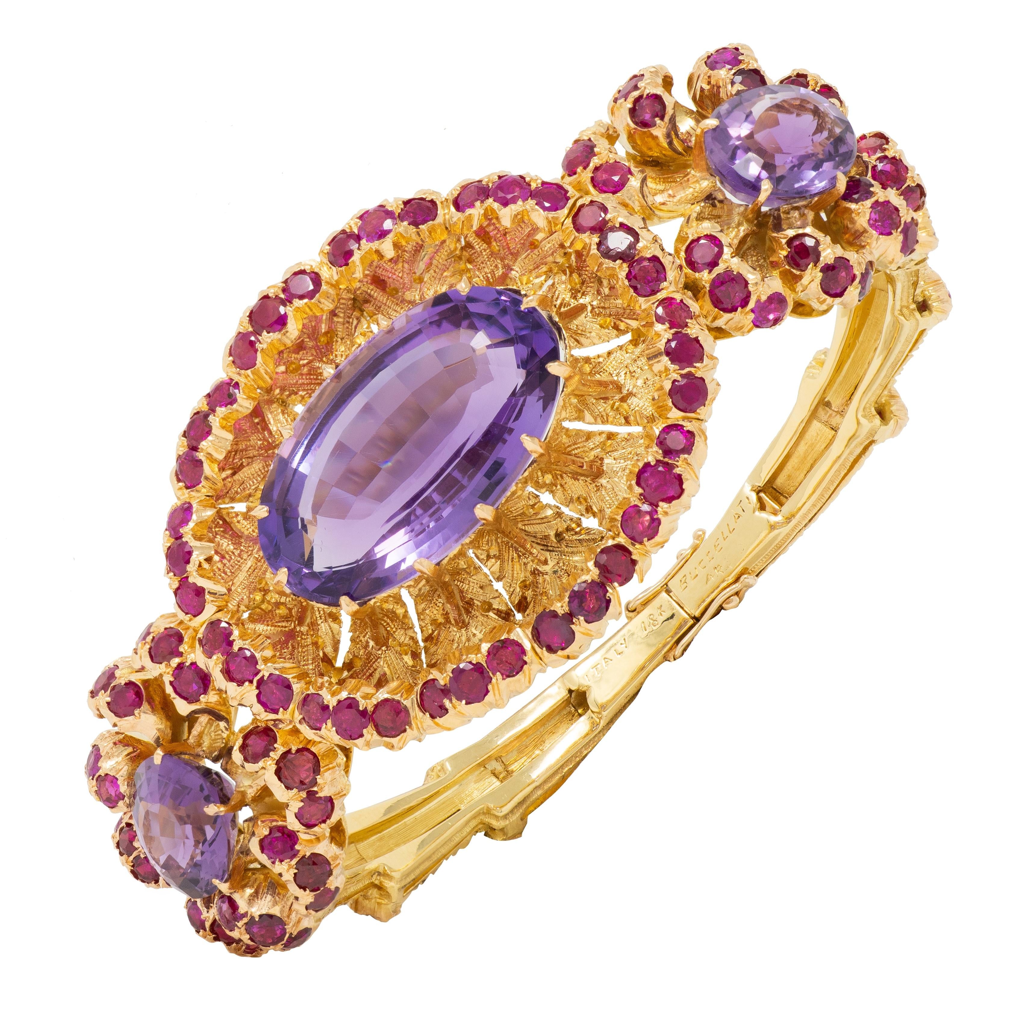 Buccellati 1960 36.79 CTW Amethyst Ruby 18K Gold Vintage Floral Bangle Bracelet