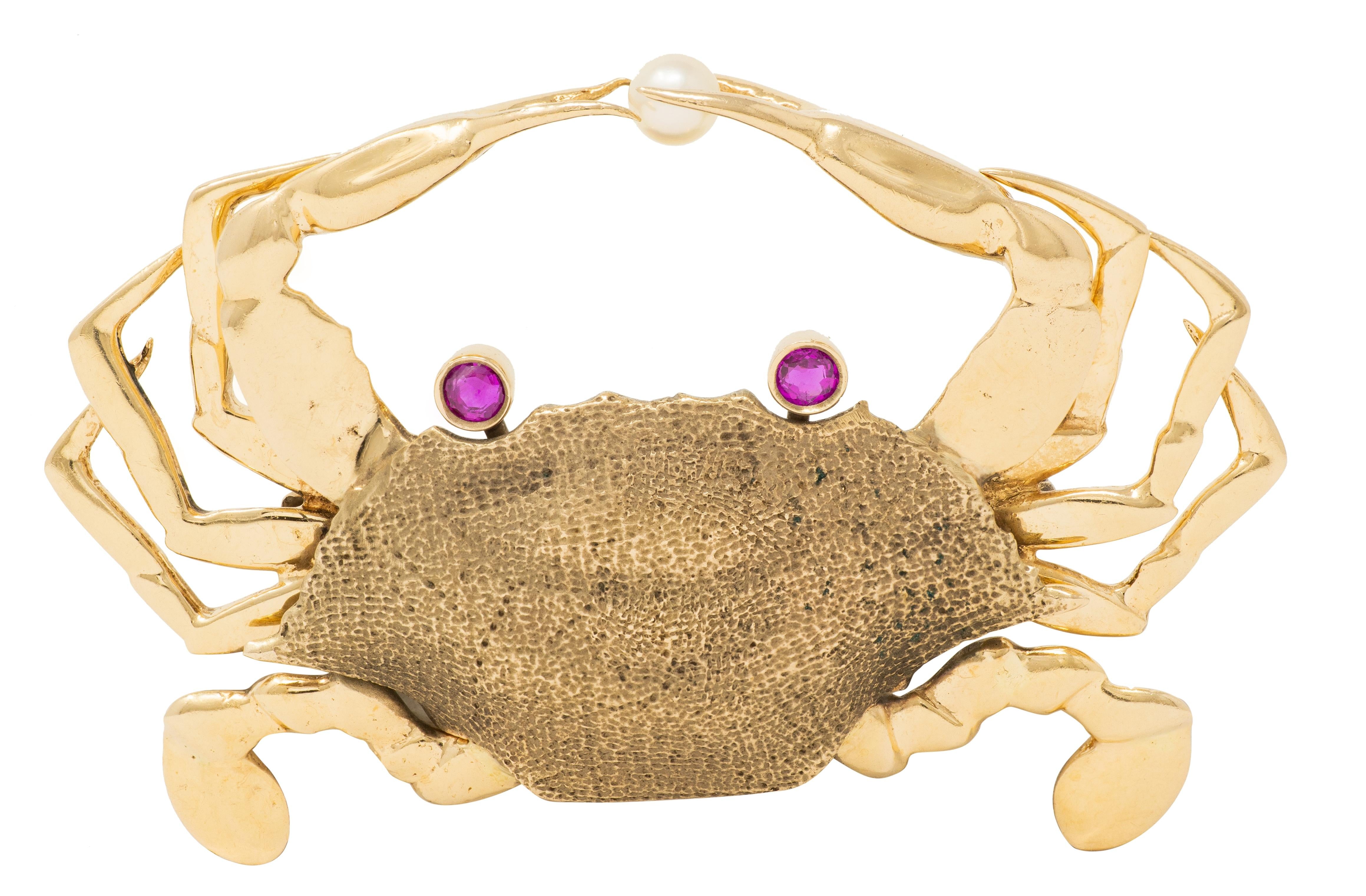 Fisher & Co. 1960's Diamond Ruby 18 Karat Yellow Gold Vintage Crab Brooch