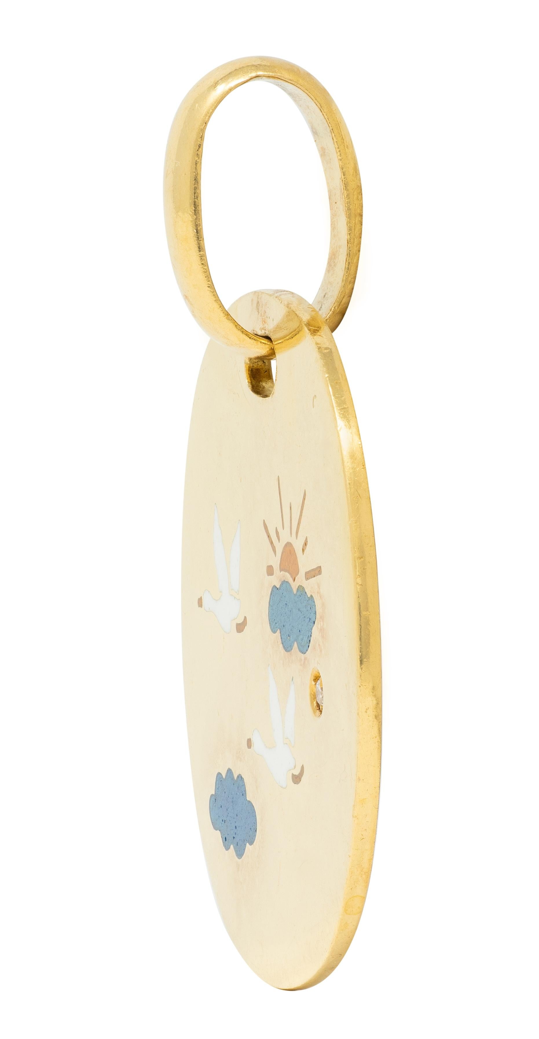 Alfieri & St. John 2000's Enamel Diamond 18 Karat Gold Flying Geese Pendant