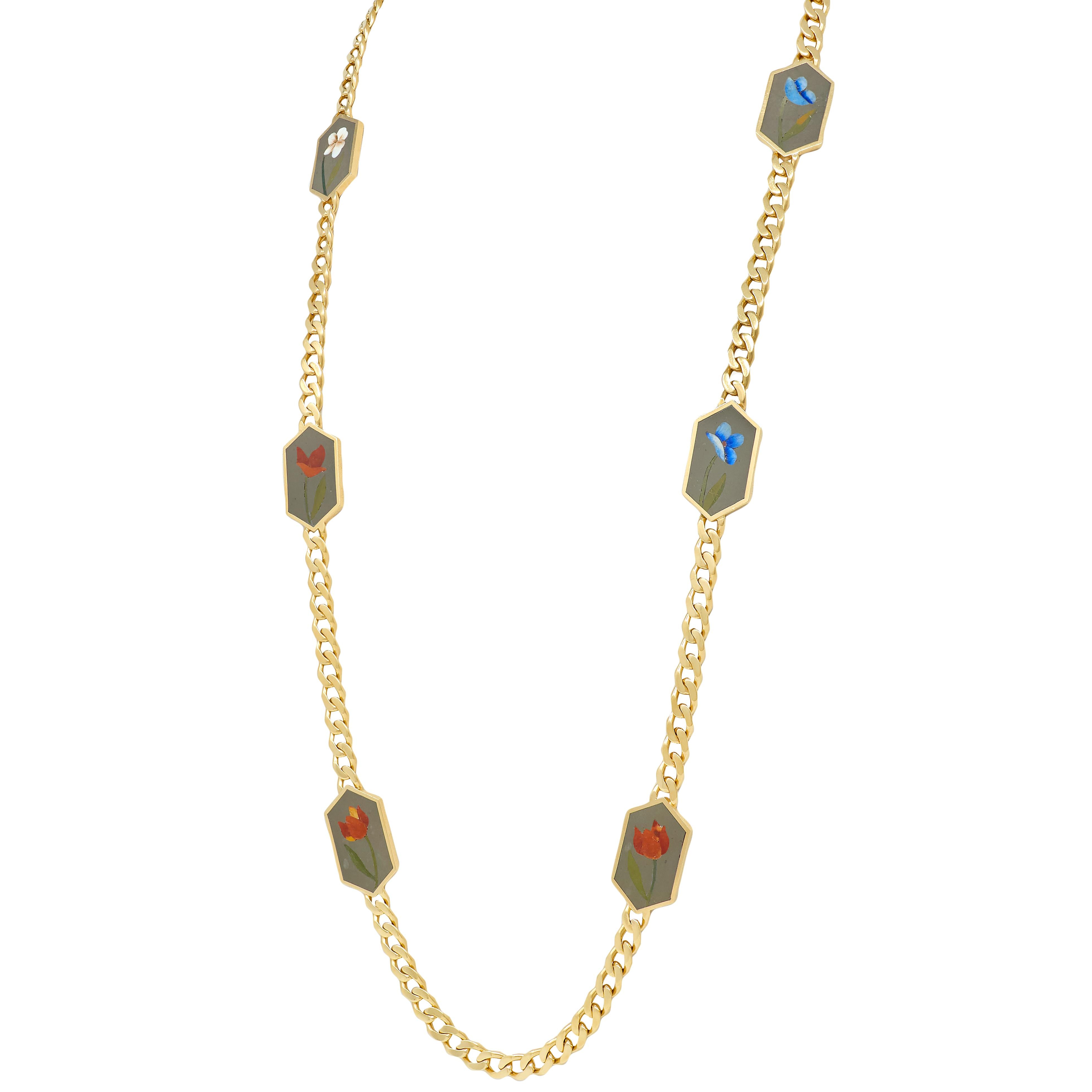 Bulgari 1970's Inlay Multi-Gem 18K Gold Vintage Curb Link Chain Floral Necklace