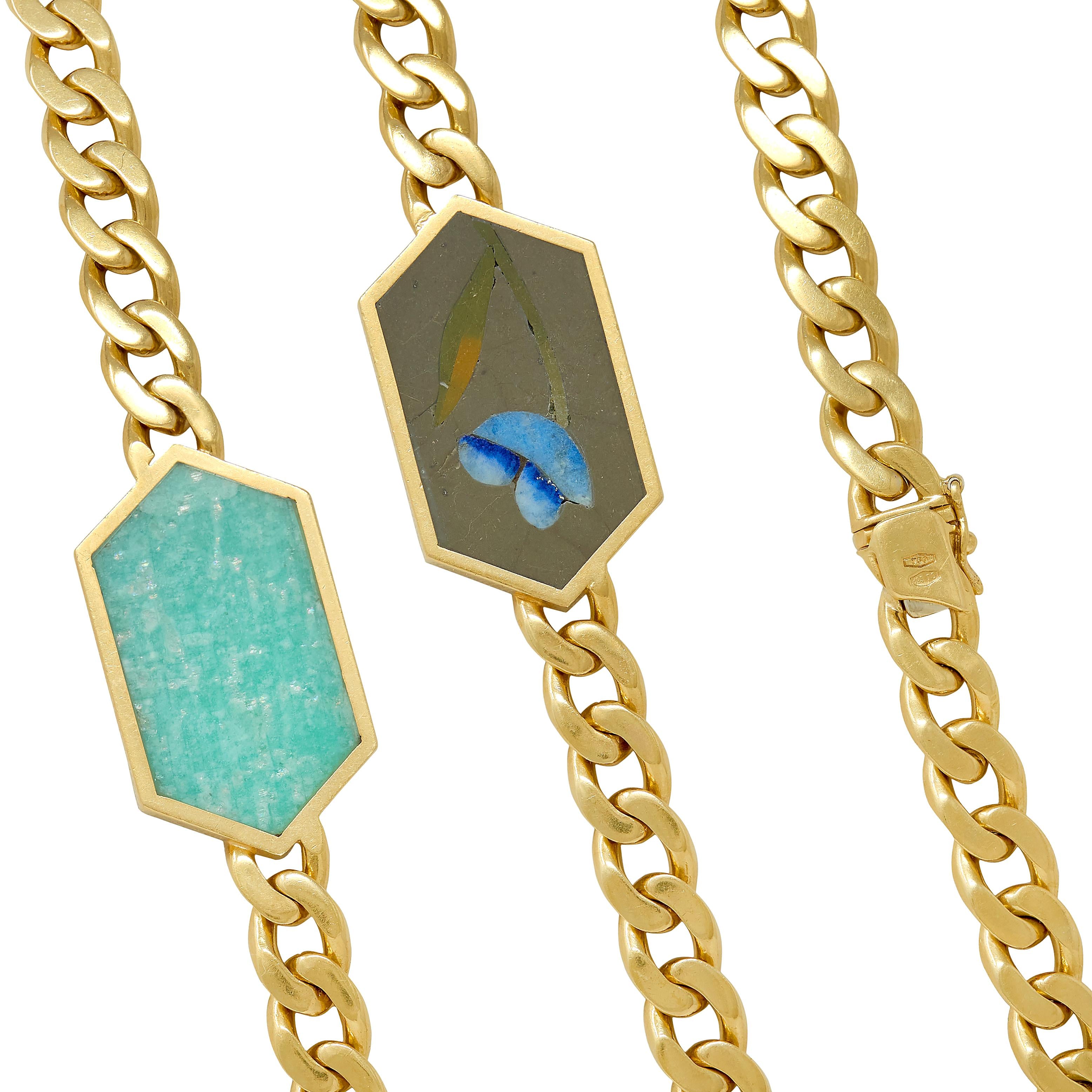 Bulgari 1970's Inlay Multi-Gem 18K Gold Vintage Curb Link Chain Floral Necklace