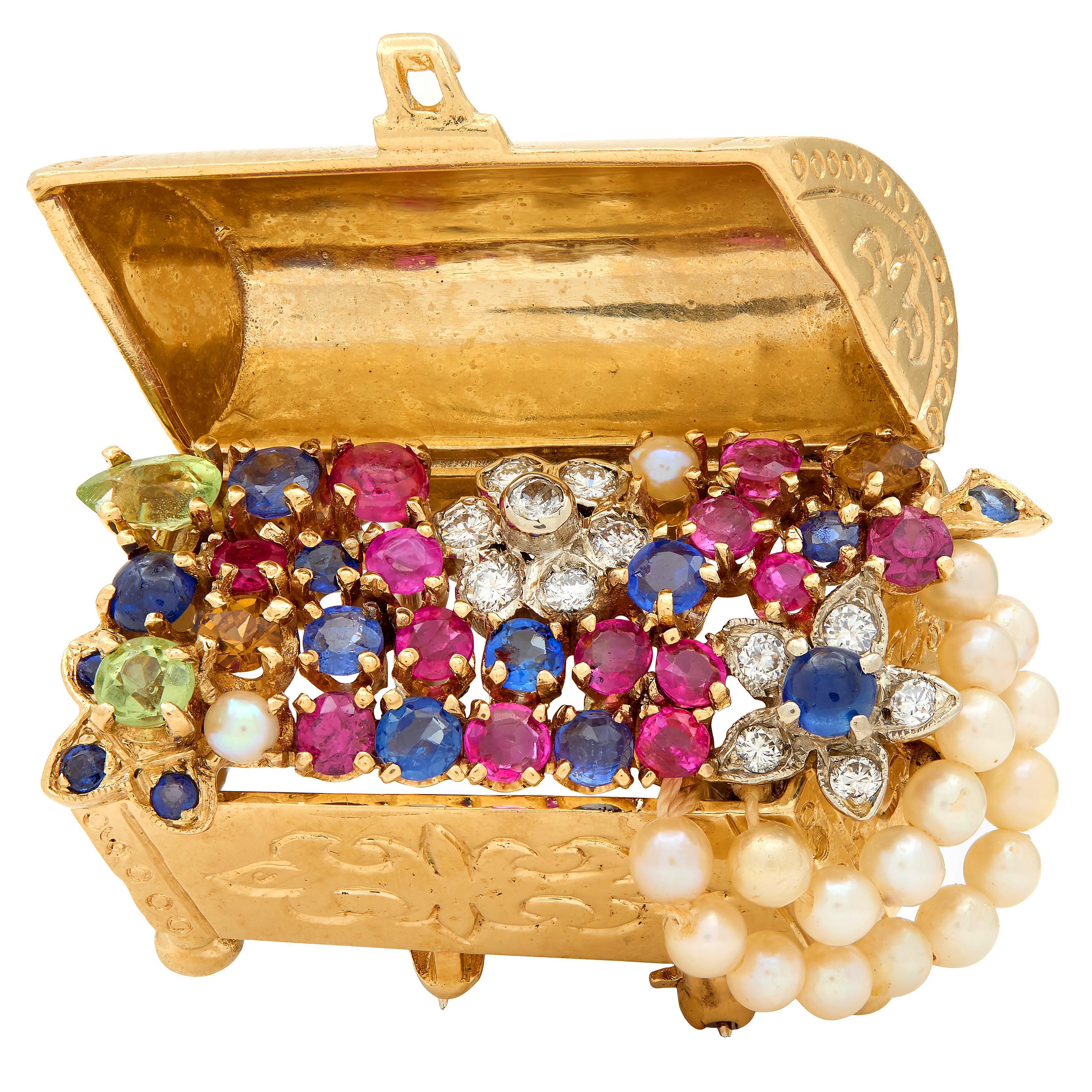 1960's Sapphire Multi-Gem Pearl 14K Gold Vintage Treasure Chest Brooch Pendant
