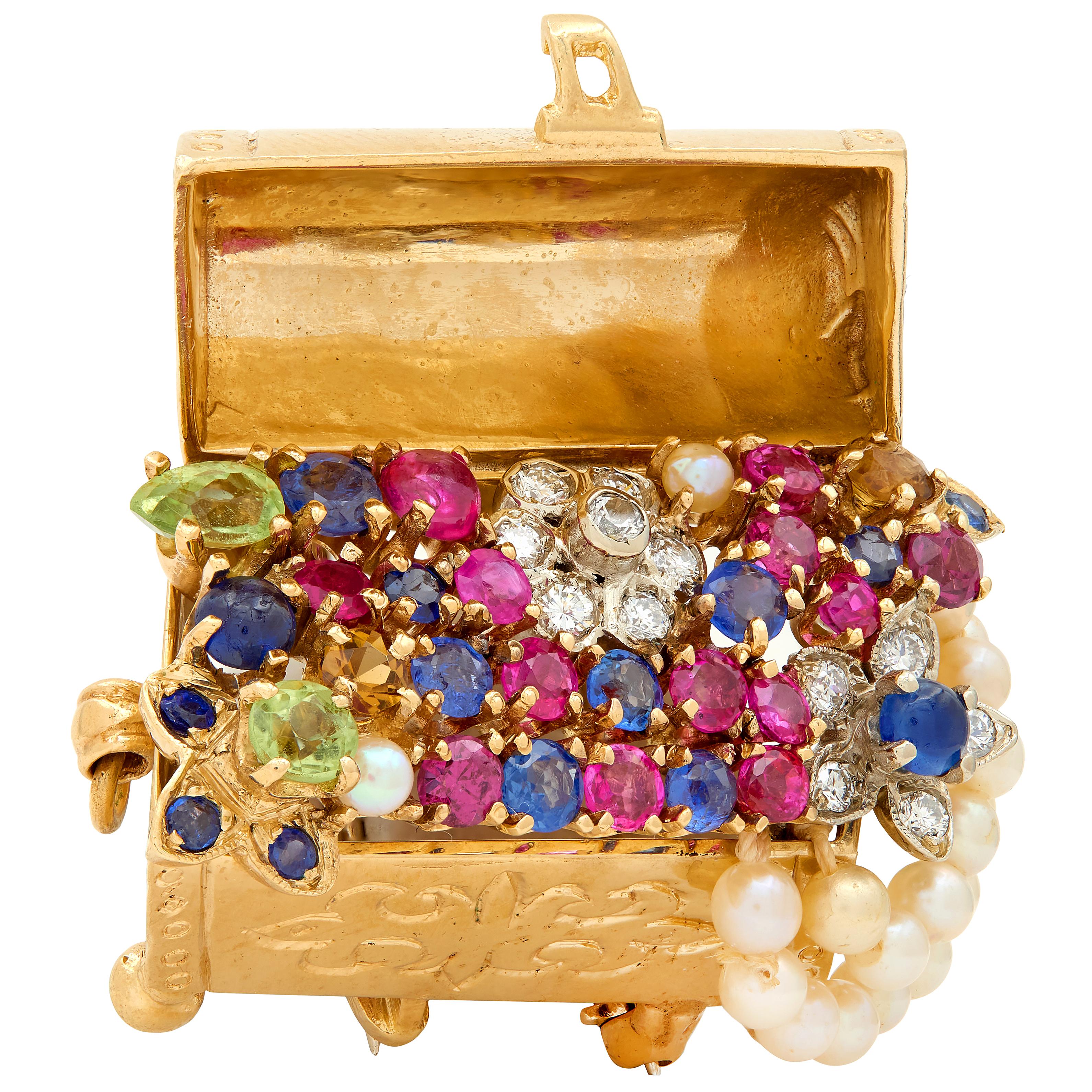 1960's Sapphire Multi-Gem Pearl 14K Gold Vintage Treasure Chest Brooch Pendant