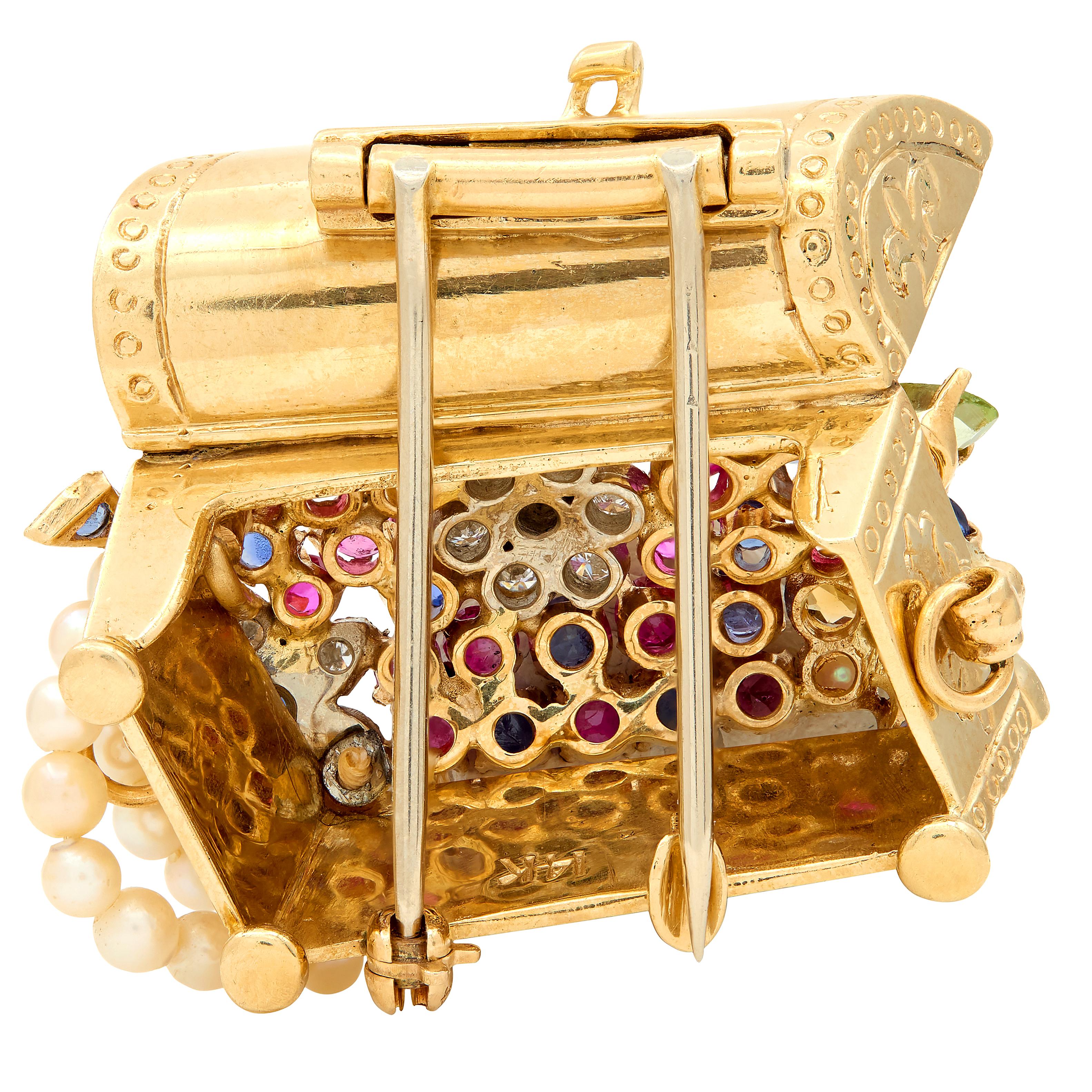 1960's Sapphire Multi-Gem Pearl 14K Gold Vintage Treasure Chest Brooch Pendant