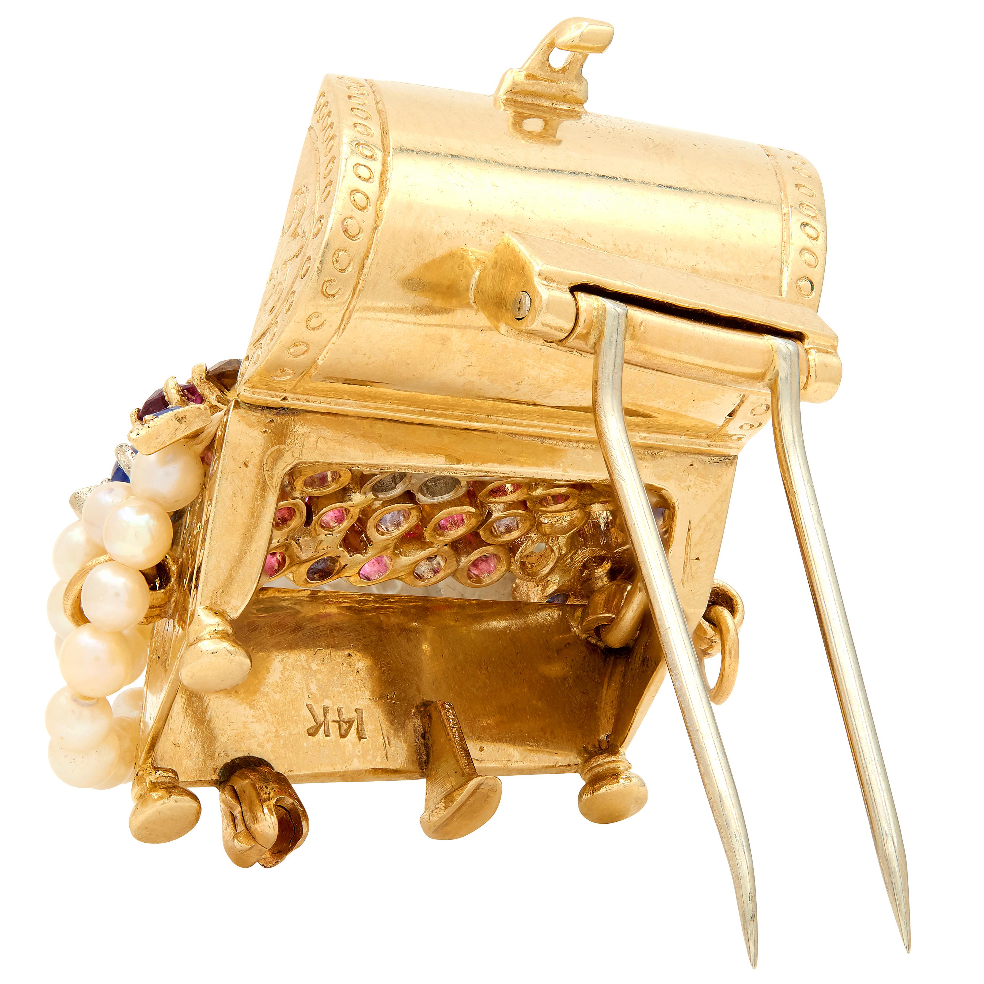 1960's Sapphire Multi-Gem Pearl 14K Gold Vintage Treasure Chest Brooch Pendant