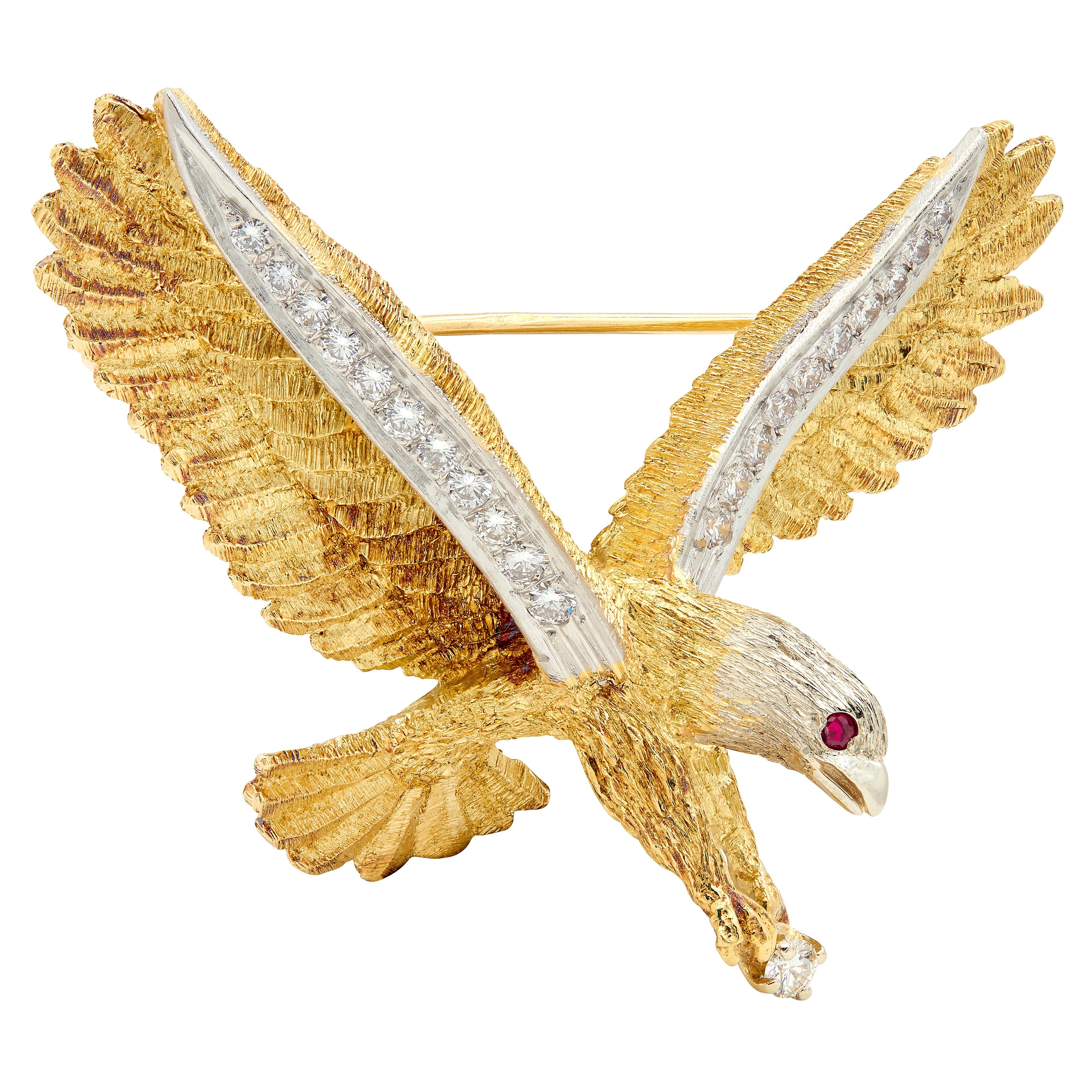 Mid-Century Diamond Ruby Platinum 18K Two-Tone Gold Vintage Bald Eagle Brooch