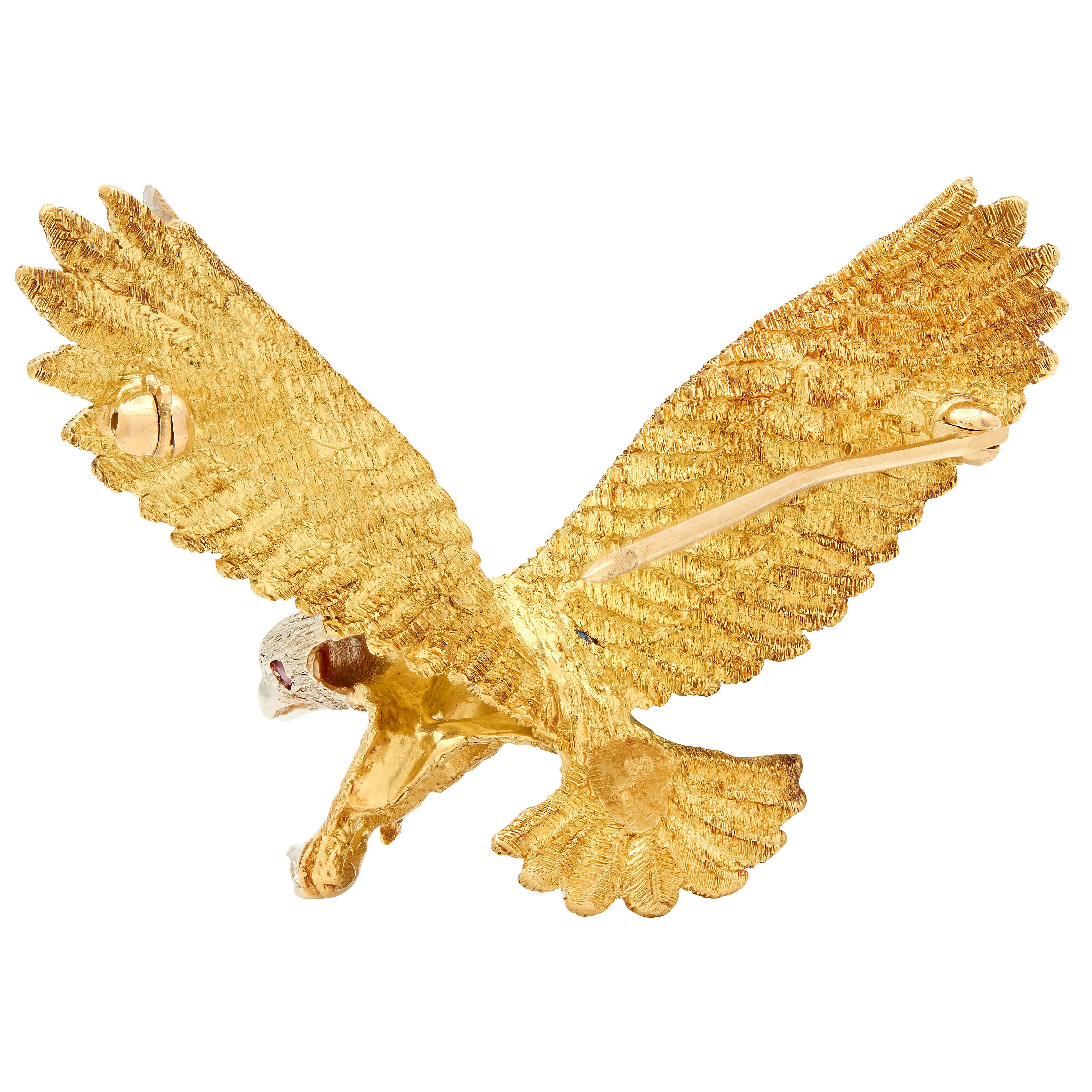 Mid-Century Diamond Ruby Platinum 18K Two-Tone Gold Vintage Bald Eagle Brooch