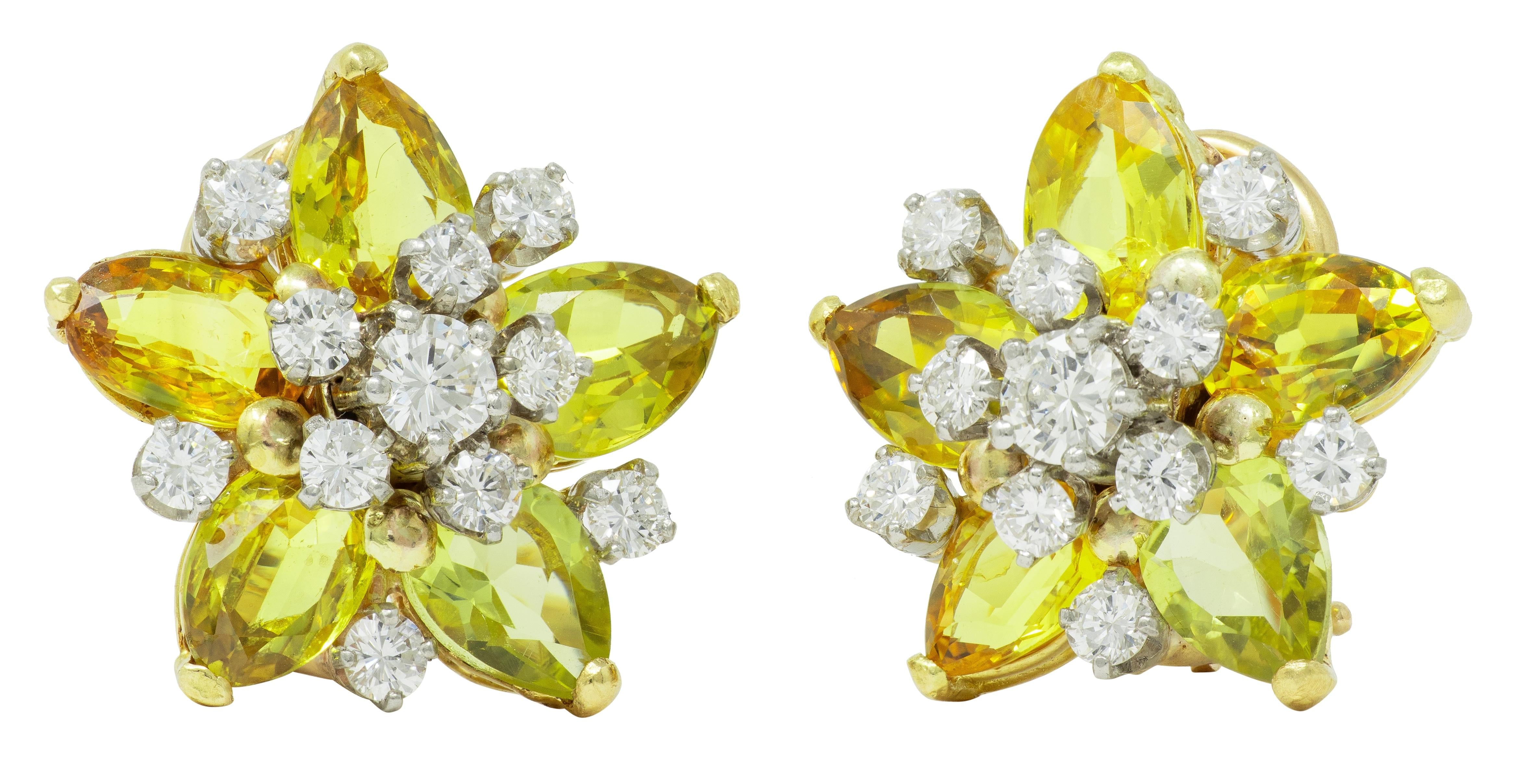1950s Diamond Lemon Quartz Platinum 18K Tremblant Star Vintage Ear-Clip Earrings